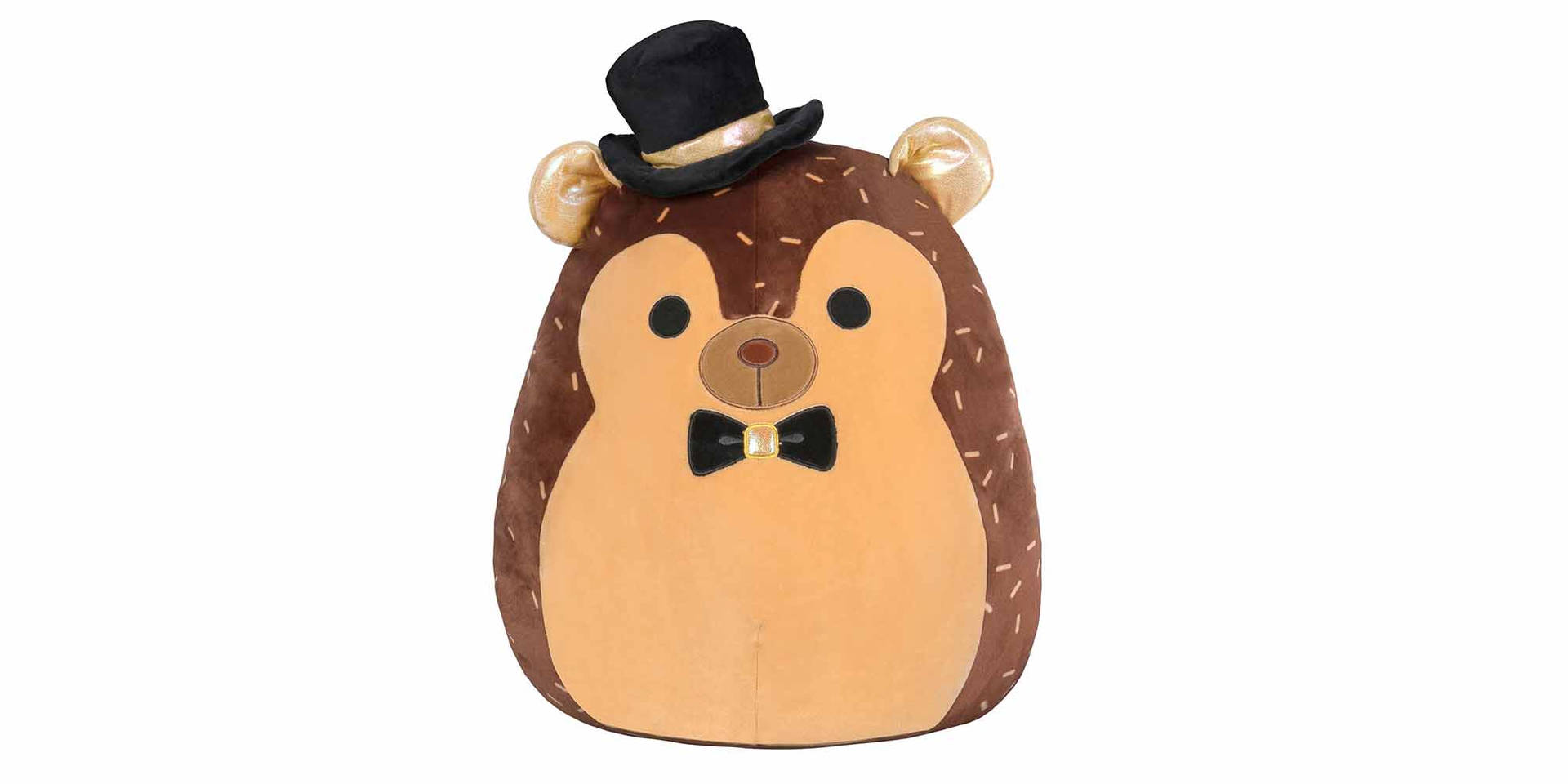 戴著高帽和蝴蝶結的毛絨松鼠玩具。 — Squishmallows 壁紙