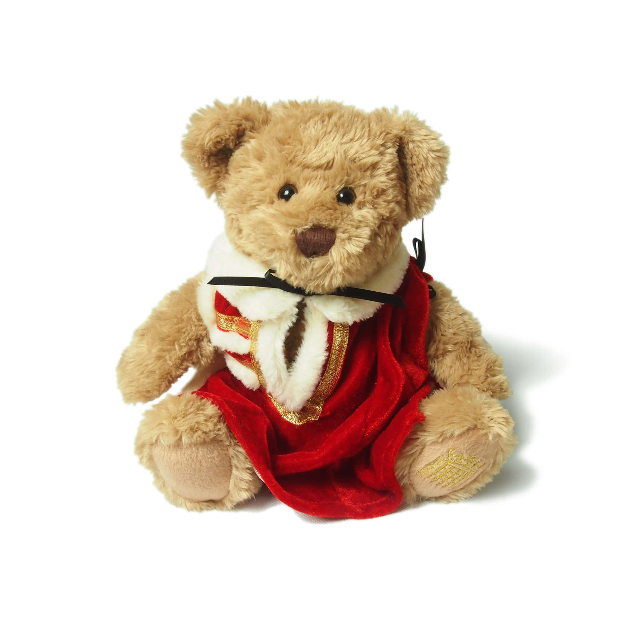 Teddy Bear 桌布 壁紙 — 一隻毛絨絨的棕色泰迪熊坐在白色背景前，身穿紅色天鵝絨斗篷，配有白色毛邊和金色刺繡。