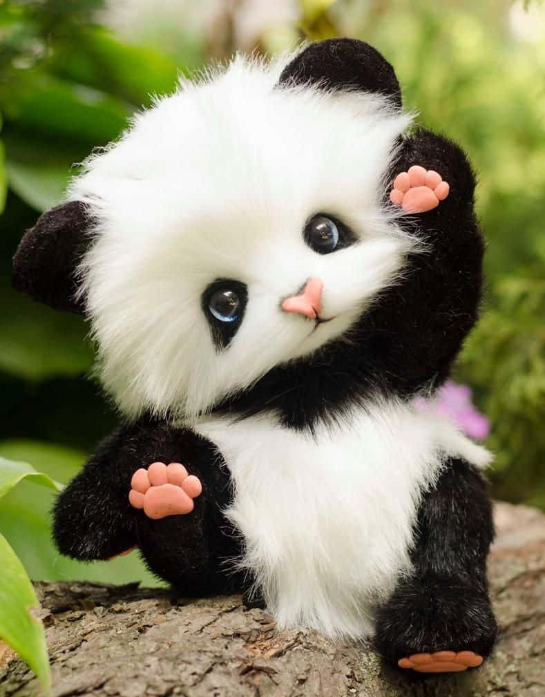 Cute Panda 桌布 壁紙 — 一隻毛絨絨的熊貓毛公仔，有明亮的藍眼睛和粉紅色的爪子，坐在被綠色樹葉包圍的樹枝上。