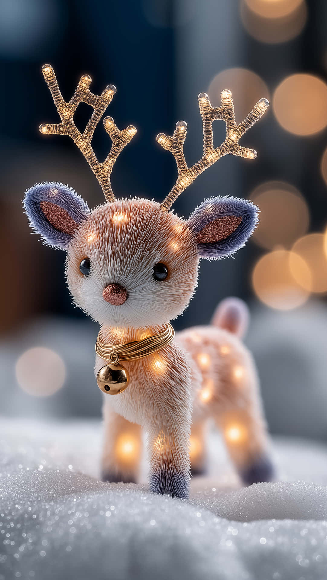 Christmas lights Wallpapers 壁紙 — 一隻毛絨馴鹿，發光的鹿角和鈴鐺項圈，站在雪地中，背景是散景照明。