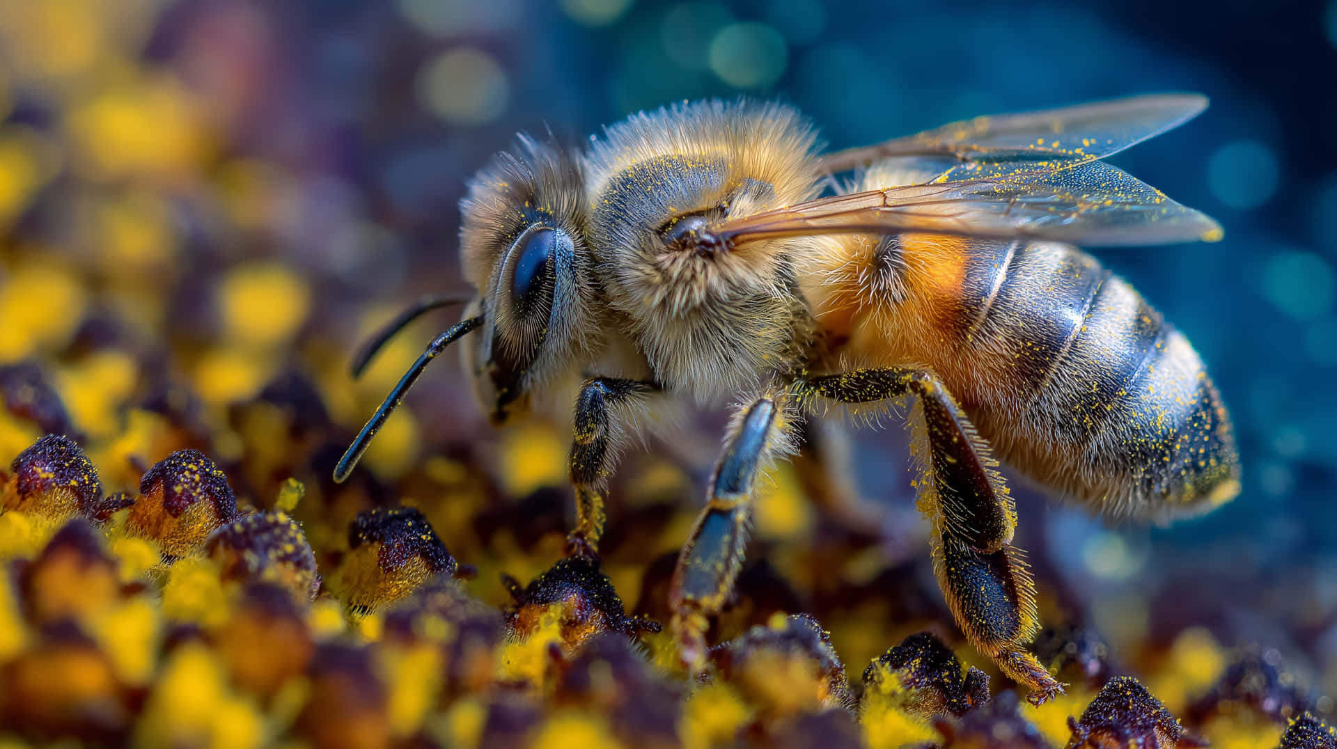 Close-Up Macro of a Honeybee Gathering Pollen on Flower Surface 壁紙 — 一隻毛茸茸、沾滿花粉的蜜蜂，在柔和的藍色散景背景下，細緻地探索一朵鮮黃色的花朵。