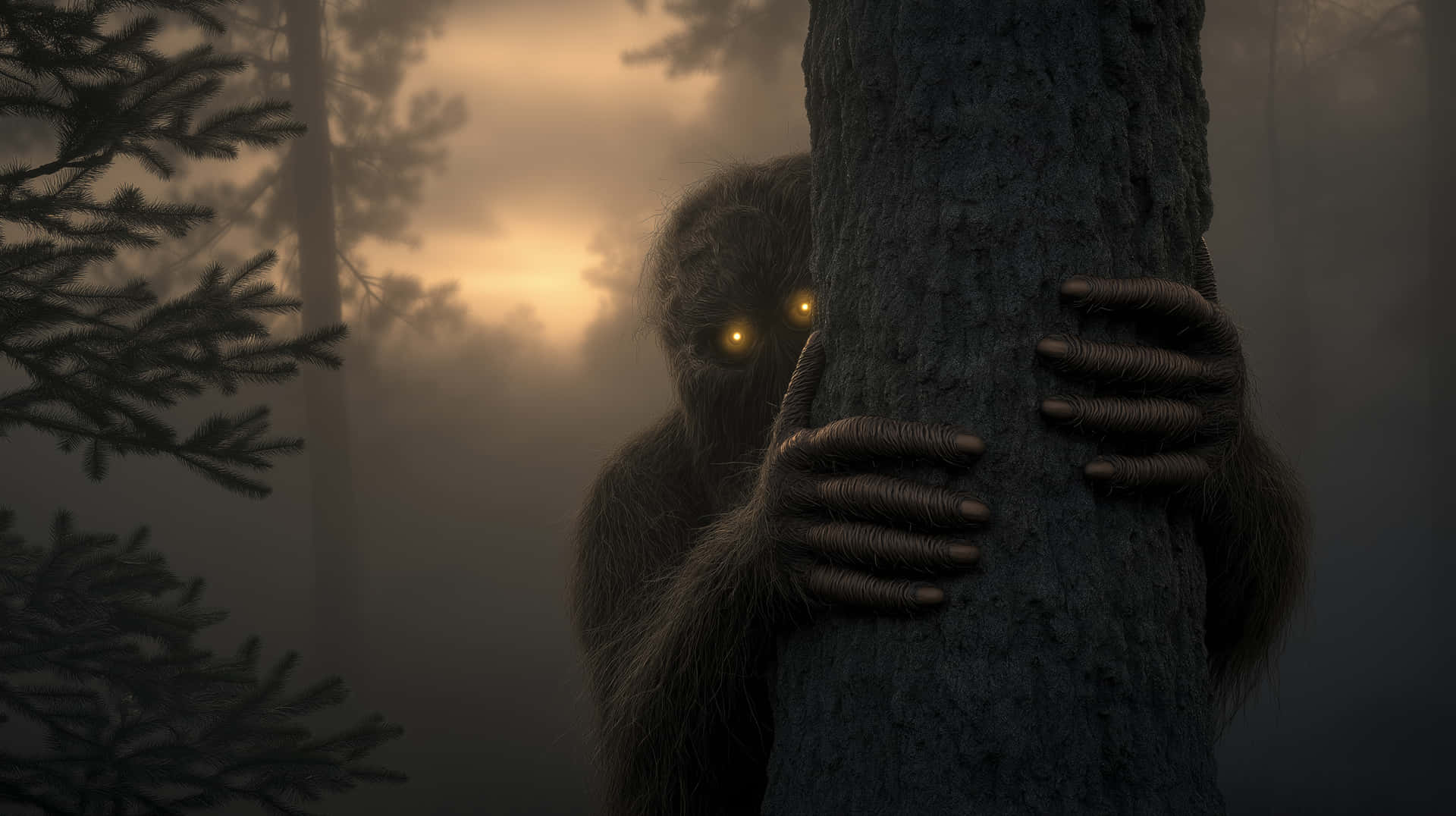 Mysterious Forest Creature with Glowing Eyes Hiding Behind Tree 壁紙 — 一隻毛茸茸、眼睛發出黃光的生物在黃昏時分的霧林中抓住樹幹。