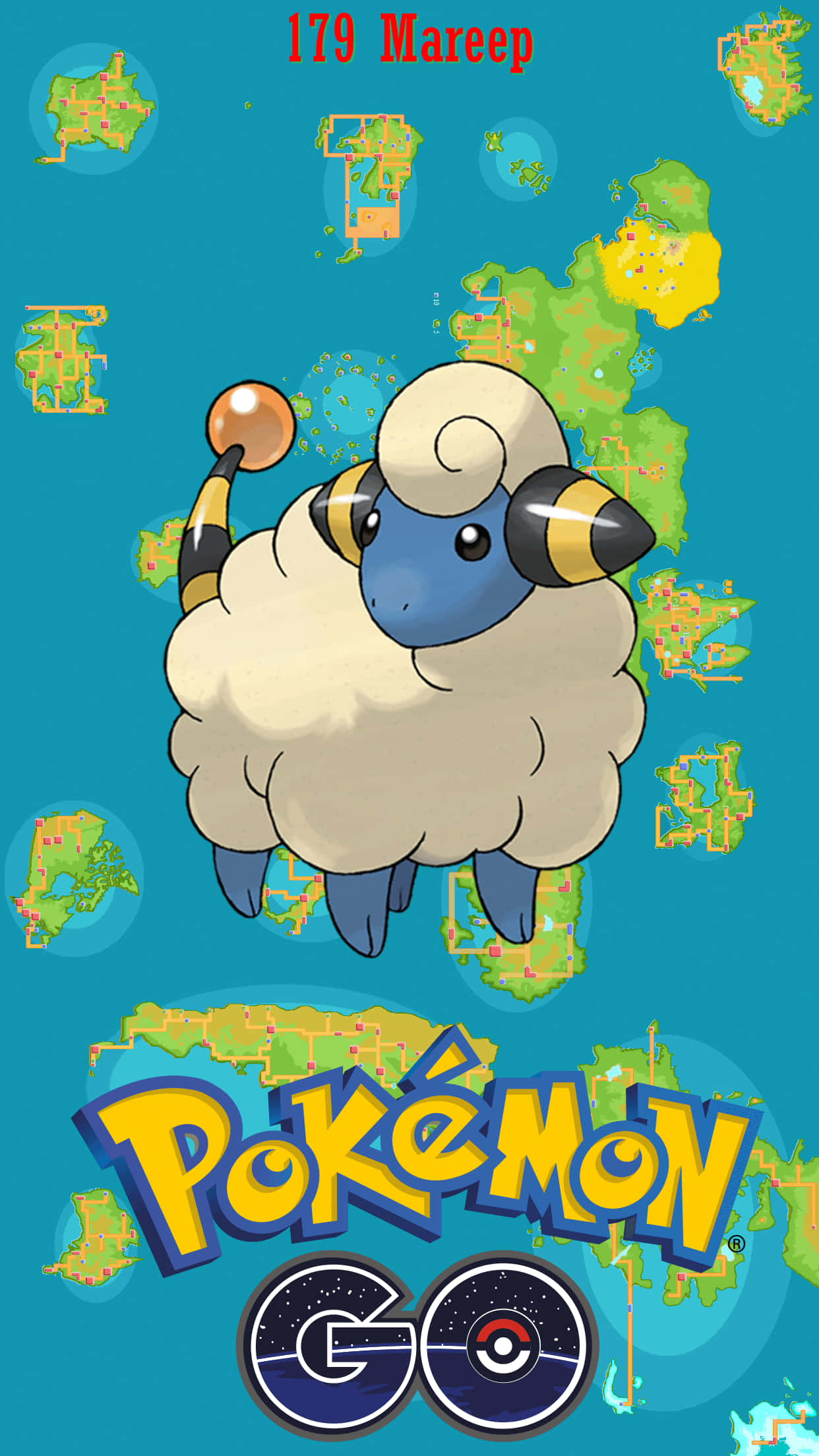 Pokemon Logo 桌布 壁紙 — 一隻毛茸茸、藍臉黃角的咩利羊漂浮在青綠色背景上，背景散落著寶可夢地圖碎片和 Pokémon GO 標誌。