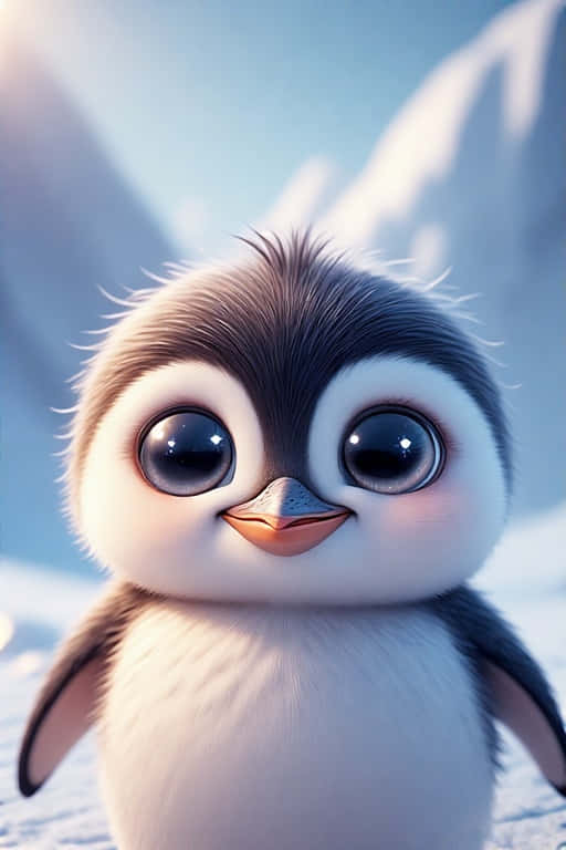 Heartwarming Baby Penguin Art 4K 壁紙 — 一隻毛茸茸的企鵝寶寶，有著大大的閃亮眼睛，站在雪地風景中，背景是柔和的藍色山脈。