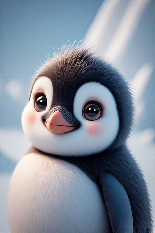Heartwarming Baby Penguin Art 4K 壁紙 — 一隻毛茸茸的企鵝寶寶，有著大大的圓眼睛和一個小小的橙色喙，在柔和的藍色雪景背景下好奇地看著觀眾。