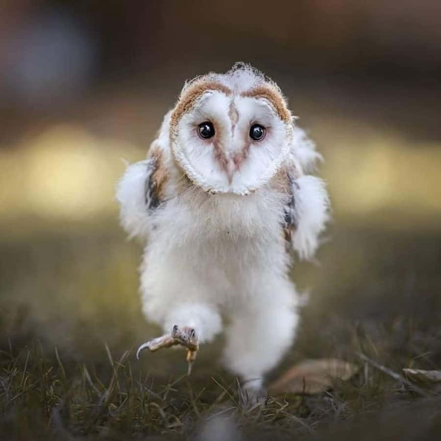 Baby Owl 桌布 壁紙 — 一隻毛茸茸的倉鴞，有著寬大的黑眼睛和臉上的棕色斑紋，警覺地站在草地上，一隻腳抬起，步伐中斷。