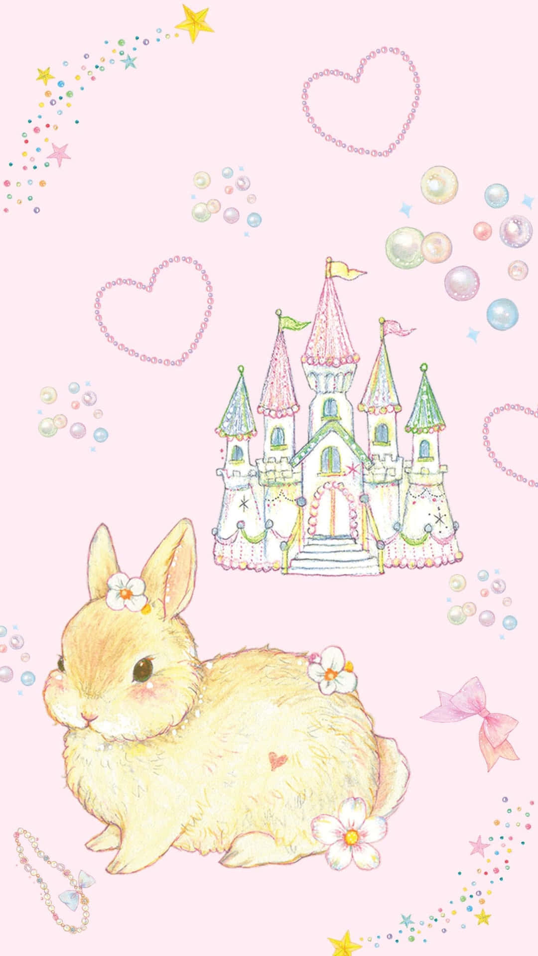 Kawaii Bunny 桌布 壁紙 — 一隻毛茸茸的兔子帶著花朵坐在粉紅色背景上，周圍有愛心、泡泡和星星的粉彩城堡前。