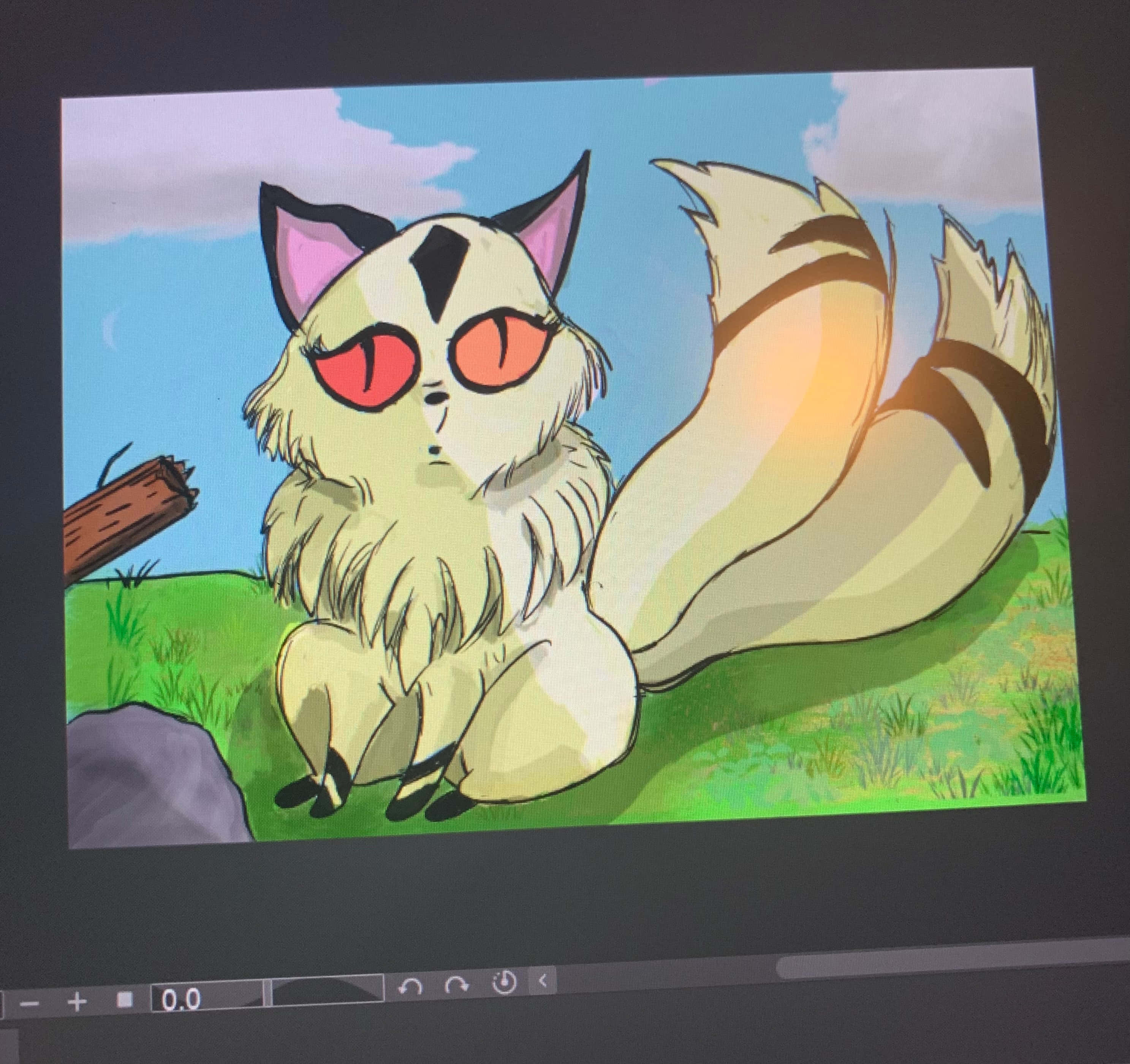 Inuyasha Nekomata 桌布 壁紙 — 一隻毛茸茸的動漫狐狸，紅色眼睛，坐在草地上，藍天白雲。