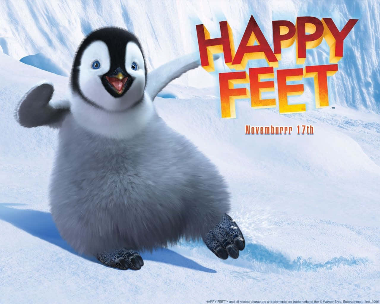 poster 桌布 壁紙 — 一隻毛茸茸的動畫企鵝寶寶在雪坡上開心地揮手，'HAPPY FEET'文字以溫暖的顏色發光。