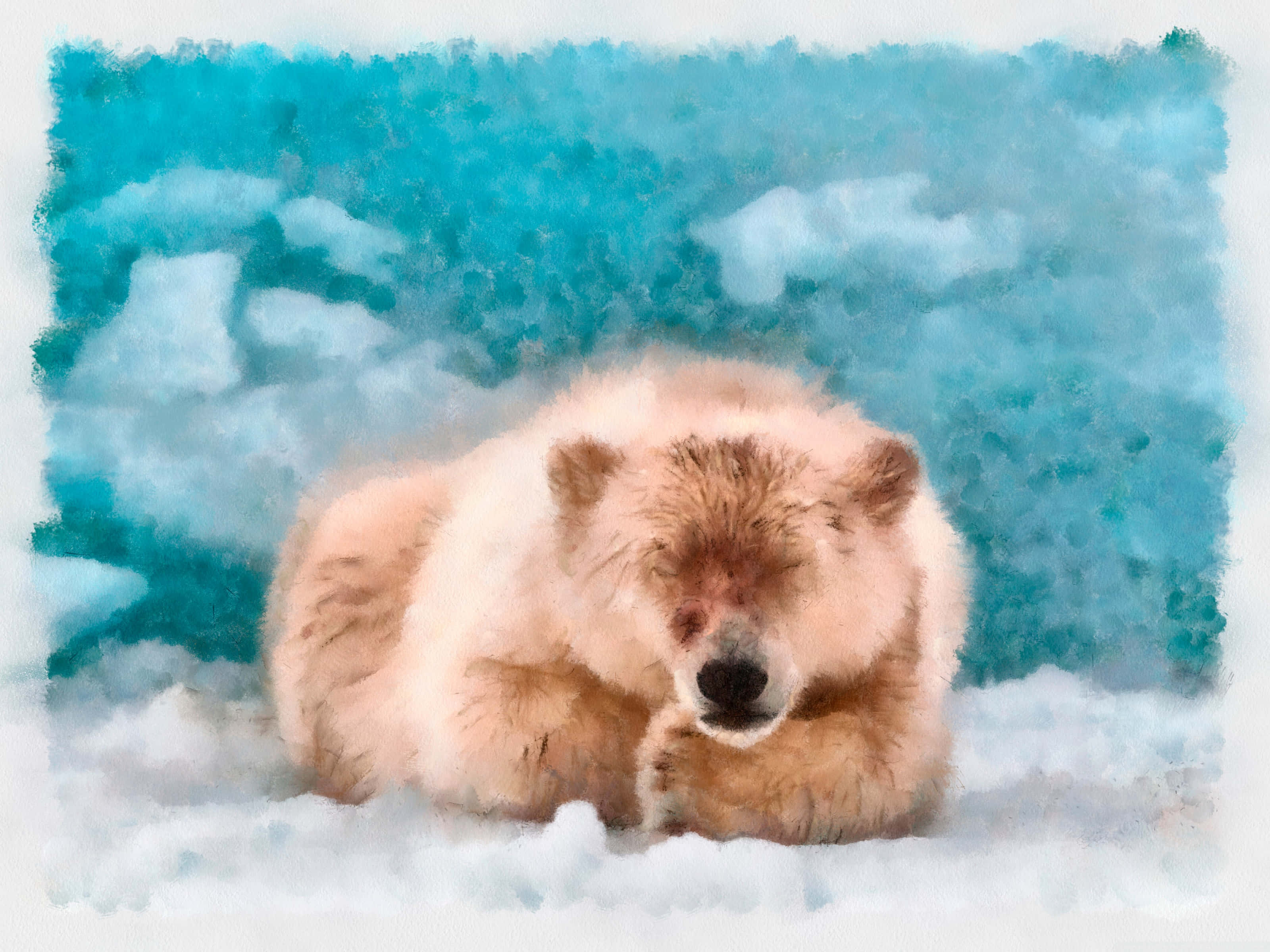 High Resolution Watercolor 桌布 壁紙 — 一隻毛茸茸的北極熊在雪地上安詳地休息，背景是充滿活力的綠松石色冰面。