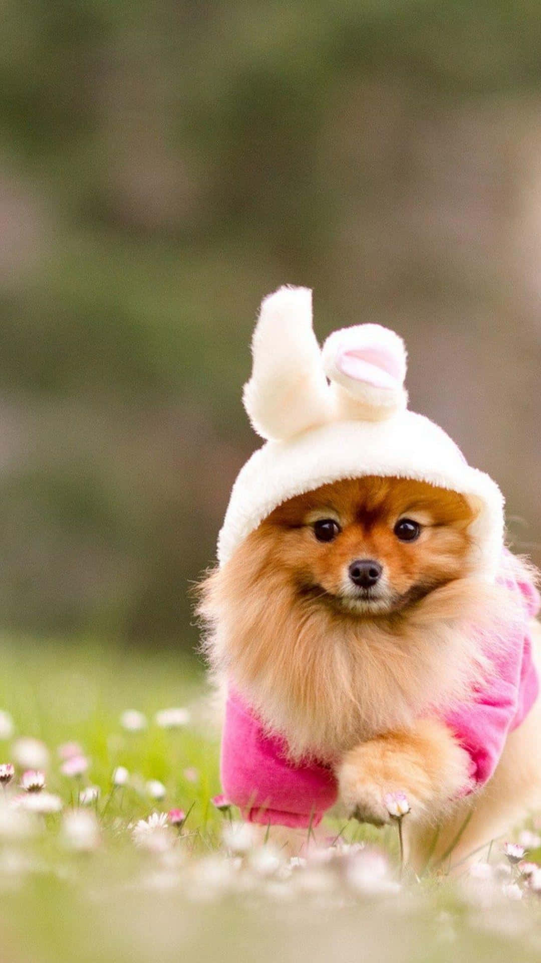 Dog iPhone 桌布 壁紙 — 一隻毛茸茸的博美犬戴著白色兔子帽和穿著粉紅色服裝，跑過雛菊花田。
