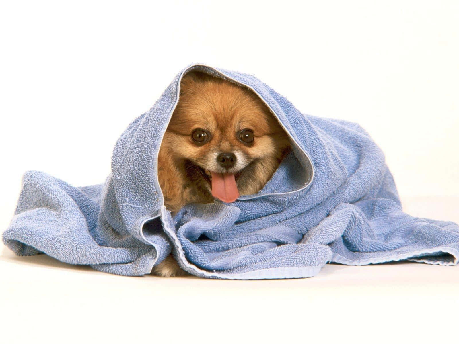 Pomeranian 桌布 壁紙 — 一隻毛茸茸的博美犬裹著藍色毛巾，在白色背景前睜大眼睛伸出舌頭。