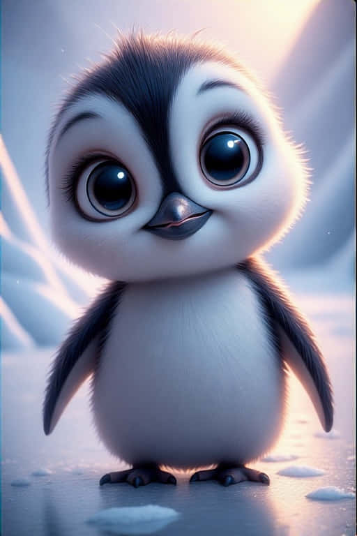 Heartwarming Baby Penguin Art 4K 壁紙 — 一隻毛茸茸的卡通企鵝寶寶，有著大大的藍色眼睛，站在冰地上，籠罩在柔和的光芒下。