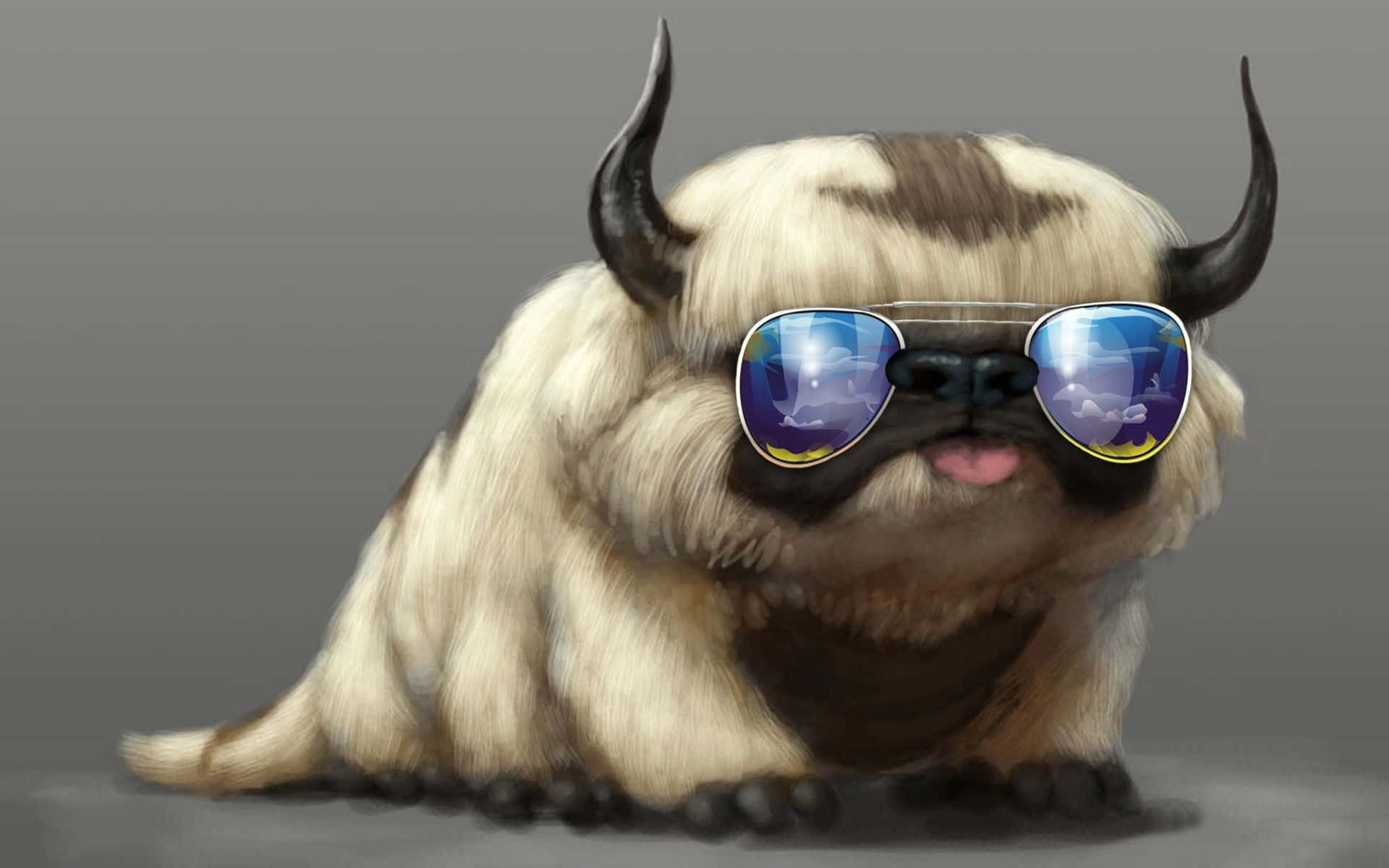 Appa Avatar 桌布 壁紙 — 一隻毛茸茸的卡通氂牛，長著黑色角，戴著太陽眼鏡，在純灰色背景上酷酷地閒逛。