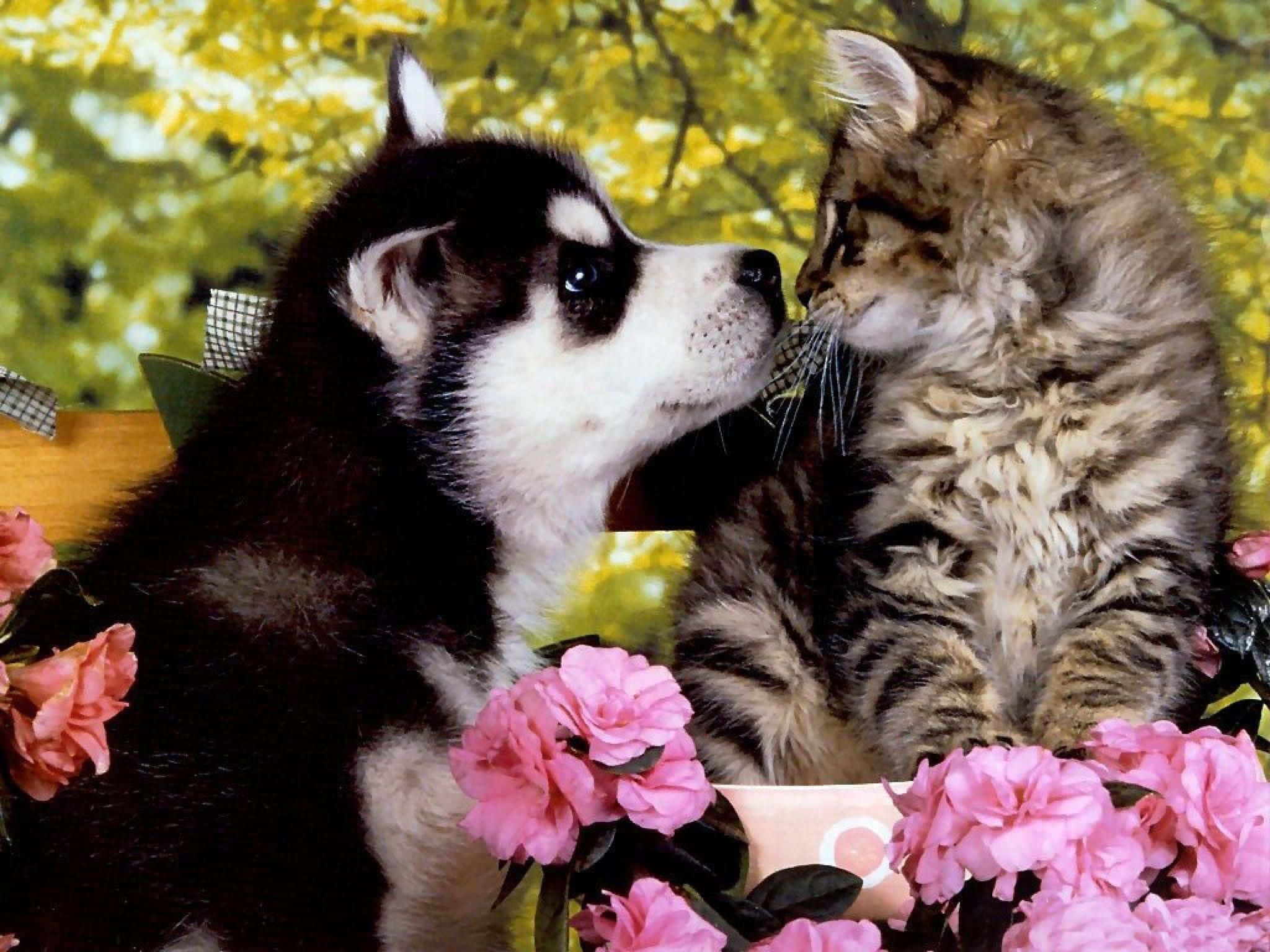 cat and dog 桌布 壁紙 — 一隻毛茸茸的哈士奇幼犬和虎斑小貓在鮮豔的粉紅玫瑰和金黃葉子中互相依偎。