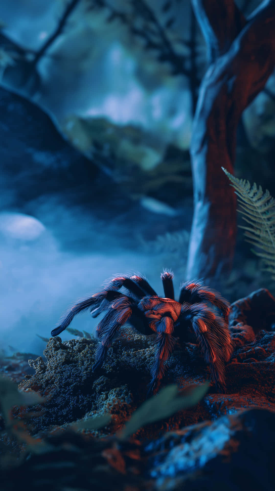 Furry Tarantula on Forest Floor with Ethereal Lighting 壁紙 — 一隻毛茸茸的大狼蛛，帶有發光的橙色腿，在霧氣瀰漫的藍色森林樹冠下的苔蘚岩石上休息。