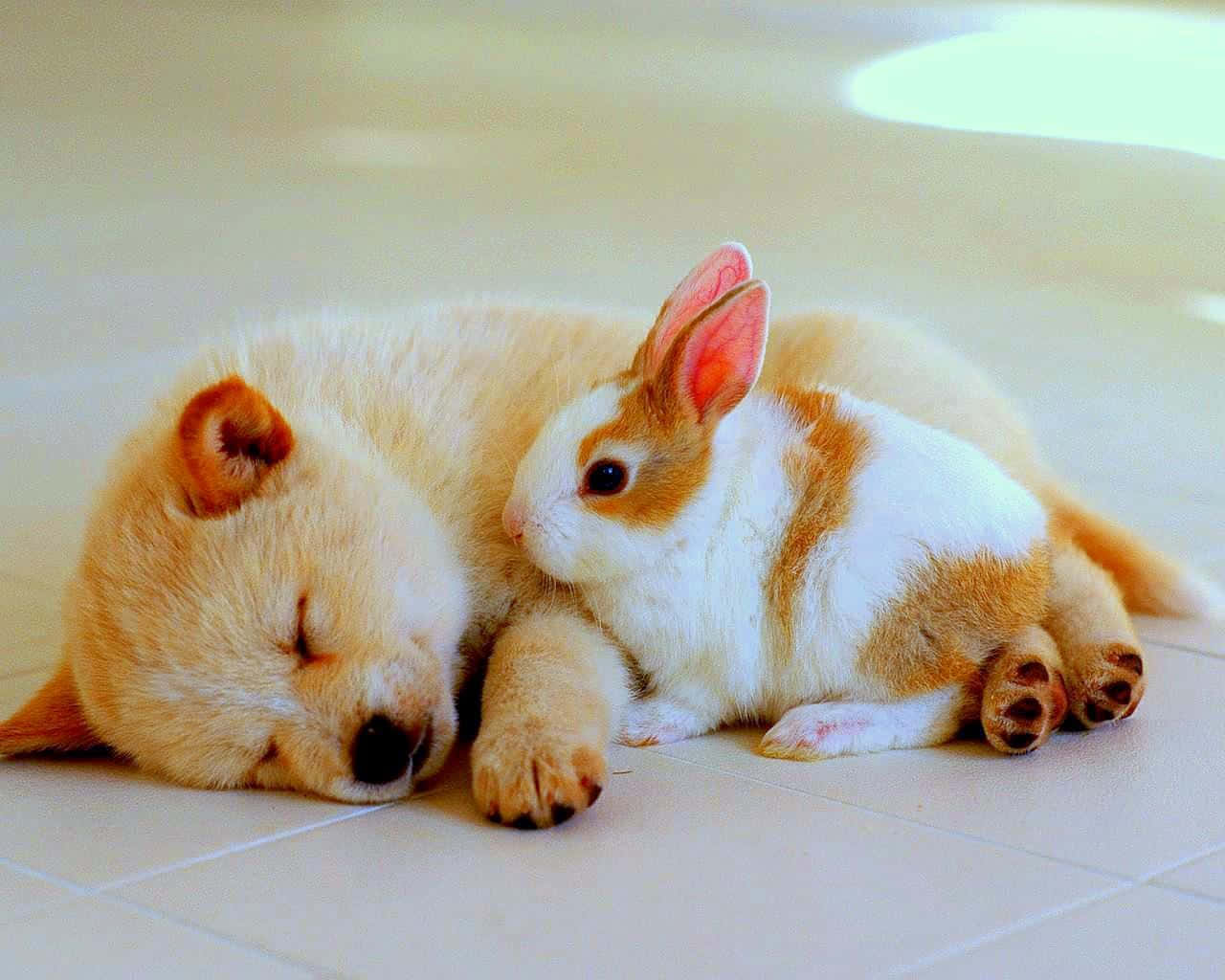 動物 桌布 壁紙 — 一隻毛茸茸的奶油色小狗和一隻白橙色的兔子在柔和的日光下，一起平靜地躺在瓷磚地板上休息。