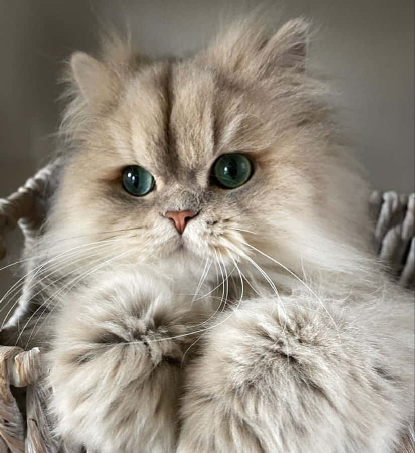Cute Cat 桌布 壁紙 — 一隻毛茸茸的奶油色波斯貓，擁有引人注目的綠色眼睛，坐在編織籃中直視鏡頭。