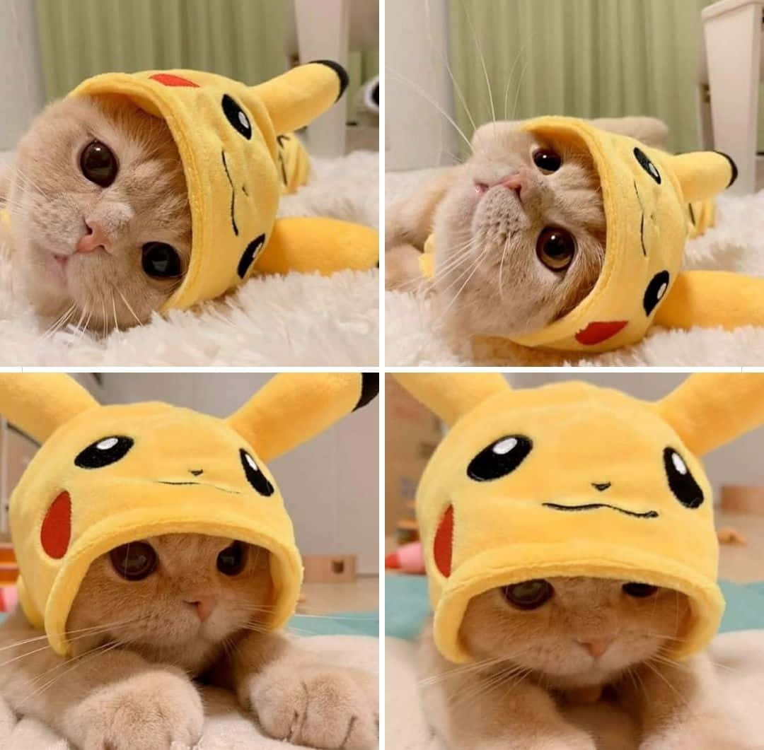 Pet Memes 桌布 壁紙 — 一隻毛茸茸的奶油色貓咪穿著黃色皮卡丘服裝，以四種不同姿勢展現可愛的好奇心。
