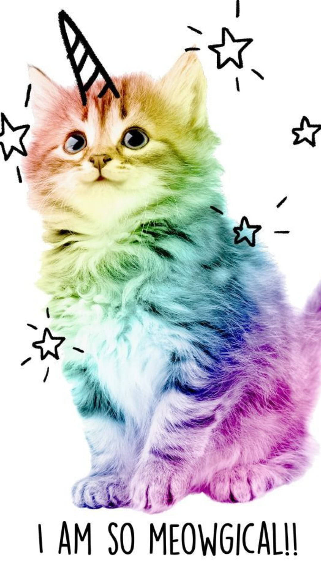 一隻彩虹色的小貓，有獨角獸角和周圍的星星，說著「我太MEOWGICAL了！！」 — 可愛貓咪美學 壁紙