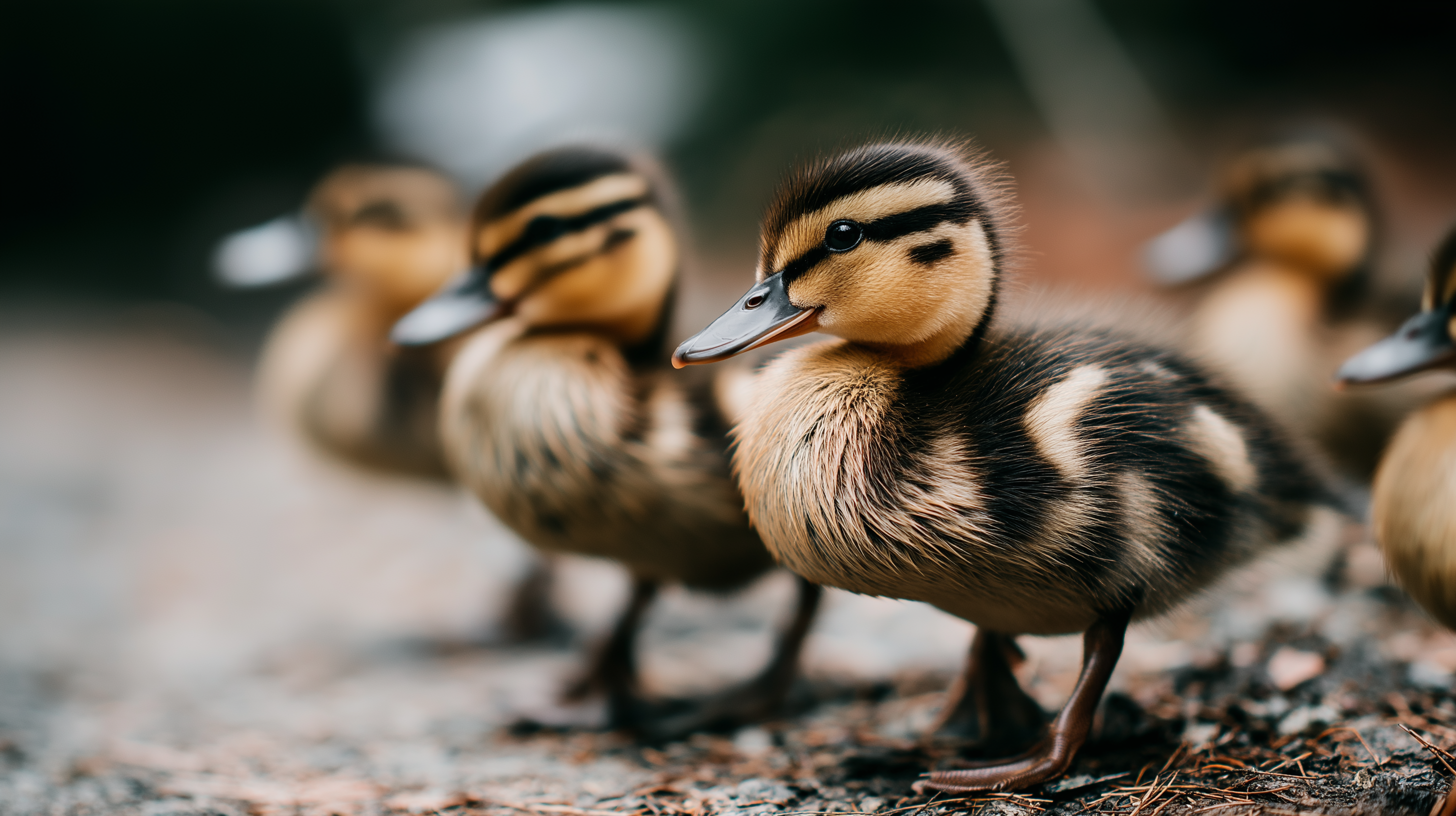 ducks 桌布 壁紙 — 一隻毛茸茸的小鴨特寫，身上有黑色和黃褐色的條紋，站在礫石上，其他小鴨在後面模糊不清。