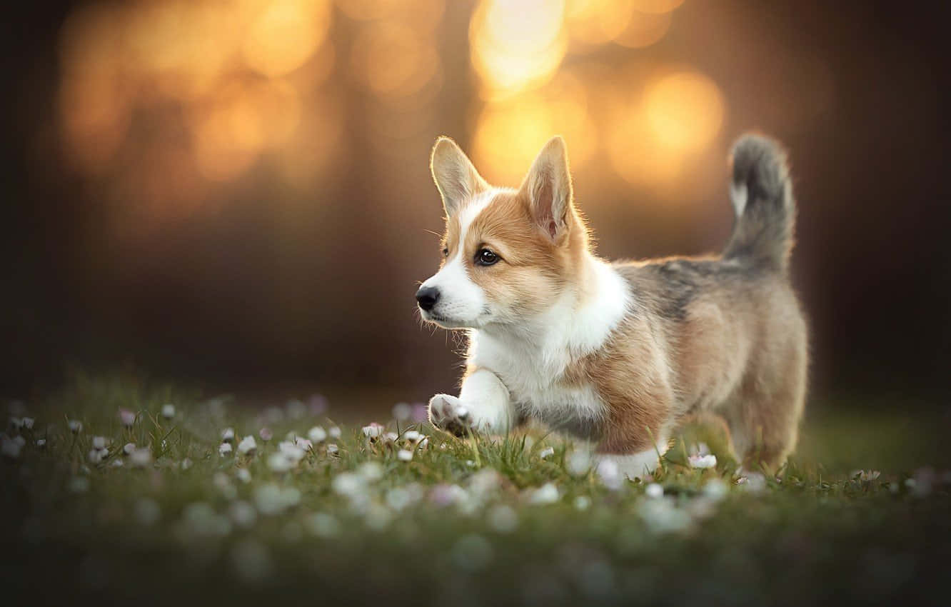 柯基 桌布 壁紙 — 一隻毛茸茸的柯基幼犬在陽光明媚、點綴著小白花的草地上警覺地站著。