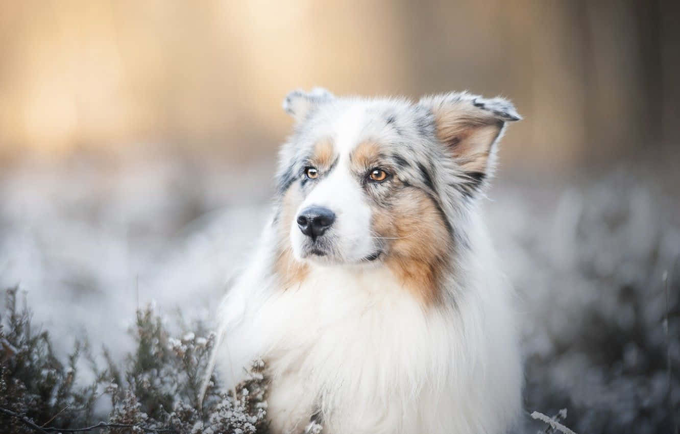 動物 桌布 壁紙 — 一隻毛茸茸的梅爾澳洲牧羊犬，擁有引人注目的琥珀色眼睛，在柔和的金色光線下，平靜地凝視著白雪覆蓋的冬季灌木叢。