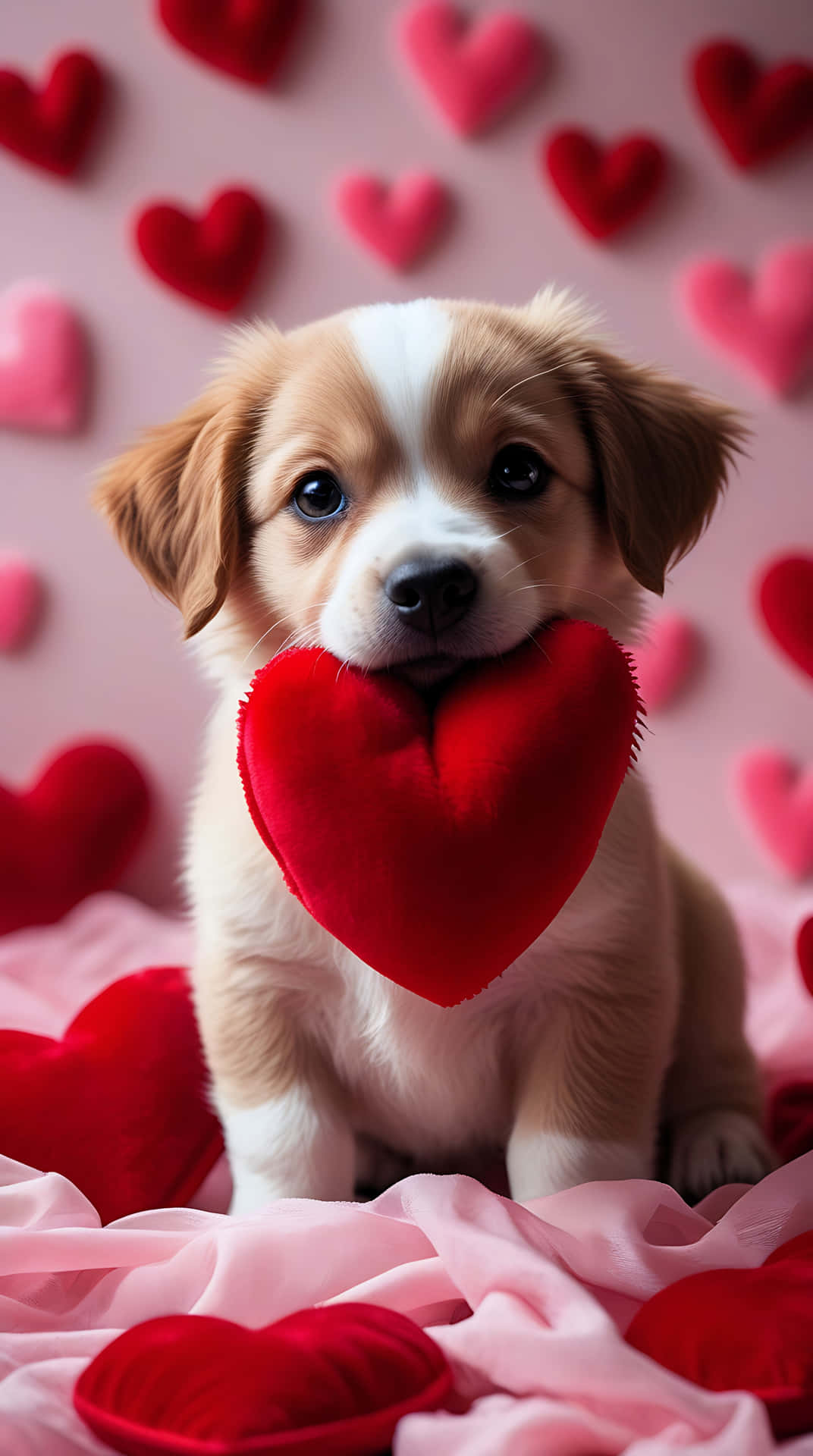 Lovely Puppy with Red Heart – Cute Love Wallpaper for Smartphone 壁紙 — 一隻毛茸茸的棕白色小狗，藍色眼睛，拿著一個紅色天鵝絨心形，周圍散落著紅色和粉紅色的心形，背景是柔軟的粉紅色布料。
