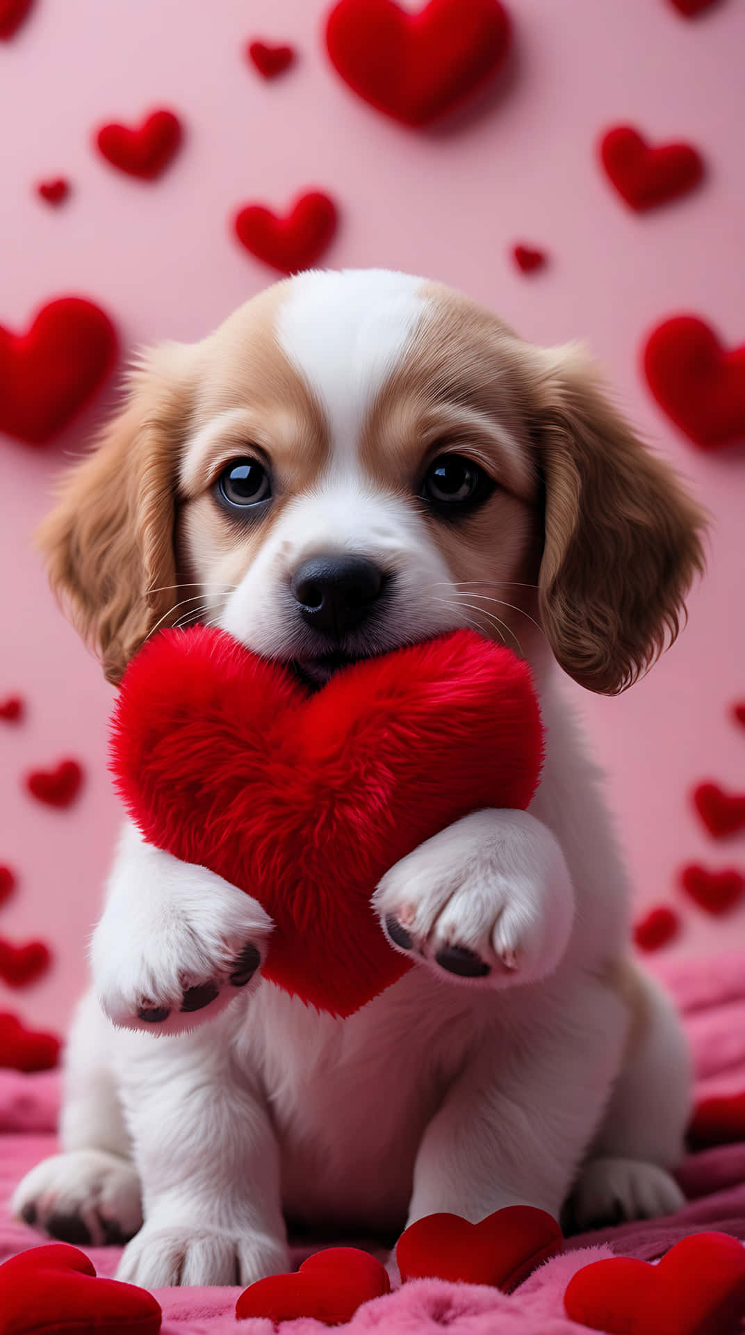 Lovely Puppy with Red Heart – Cute Love Wallpaper for Smartphone 壁紙 — 一隻毛茸茸的棕白色小狗坐著，抱著一個紅色毛絨心臟，周圍漂浮著心形，背景為粉紅色。