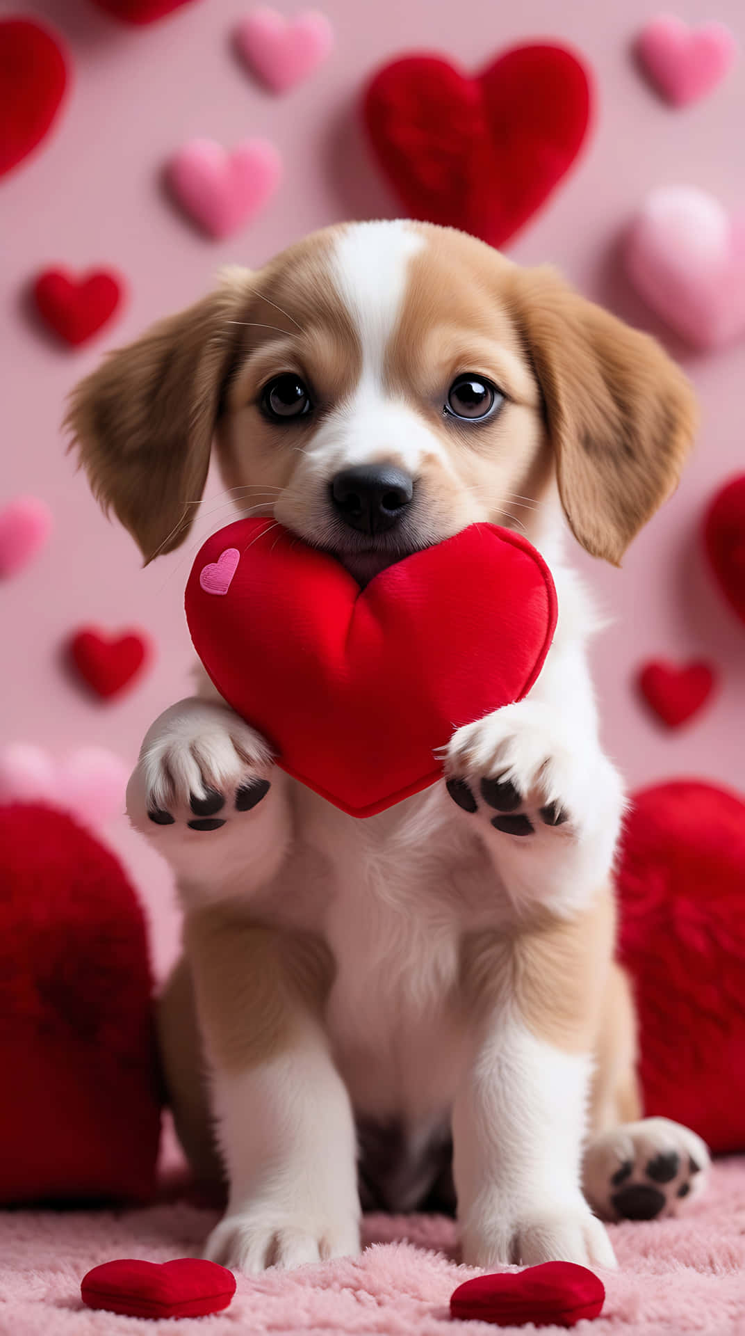 Lovely Puppy with Red Heart – Cute Love Wallpaper for Smartphone 壁紙 — 一隻毛茸茸的棕白色小狗拿著一個紅色心形毛絨玩具，背景是粉紅色，充滿了心形。