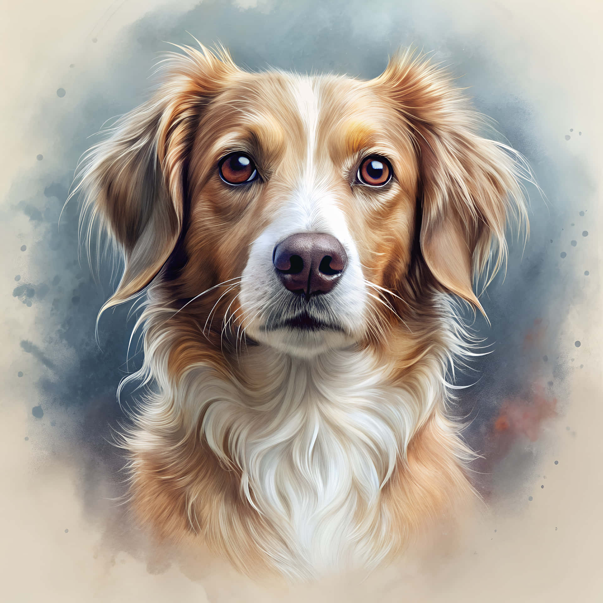 Drawing of a dog 壁紙 — 一隻毛茸茸的棕白色狗的特寫肖像，擁有富有表現力的眼睛，背景是柔和的水彩畫。