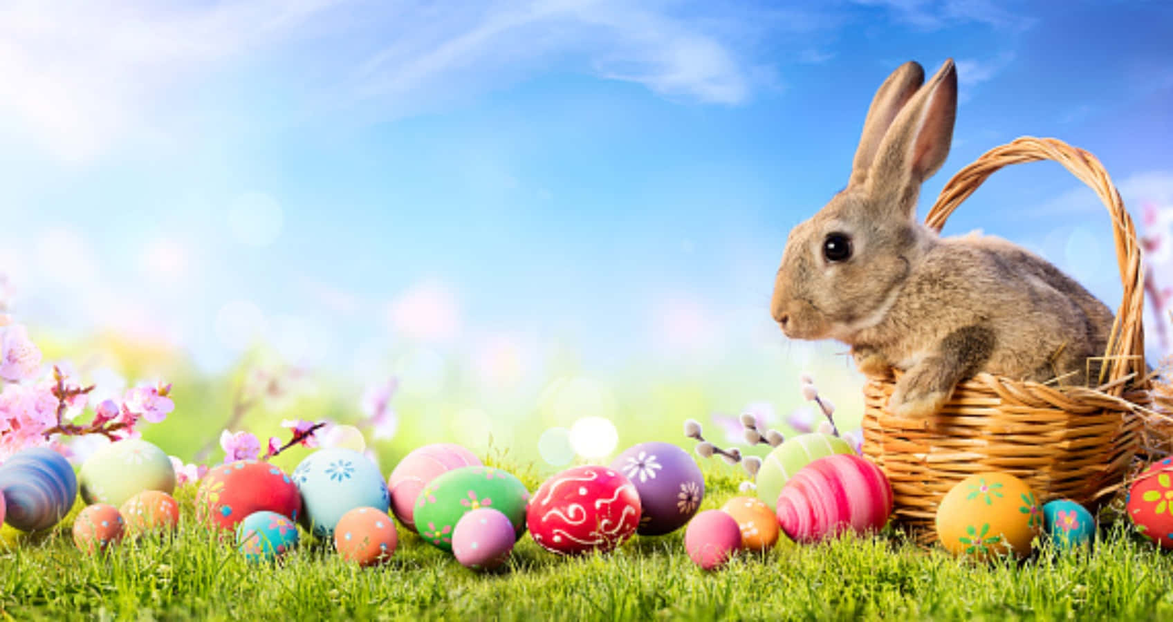 Easter 桌布 壁紙 — 一隻毛茸茸的棕色兔子坐在柳條籃裡，周圍是色彩繽紛的復活節彩蛋，放在鮮綠色的草地上，頭頂是明亮的藍天。