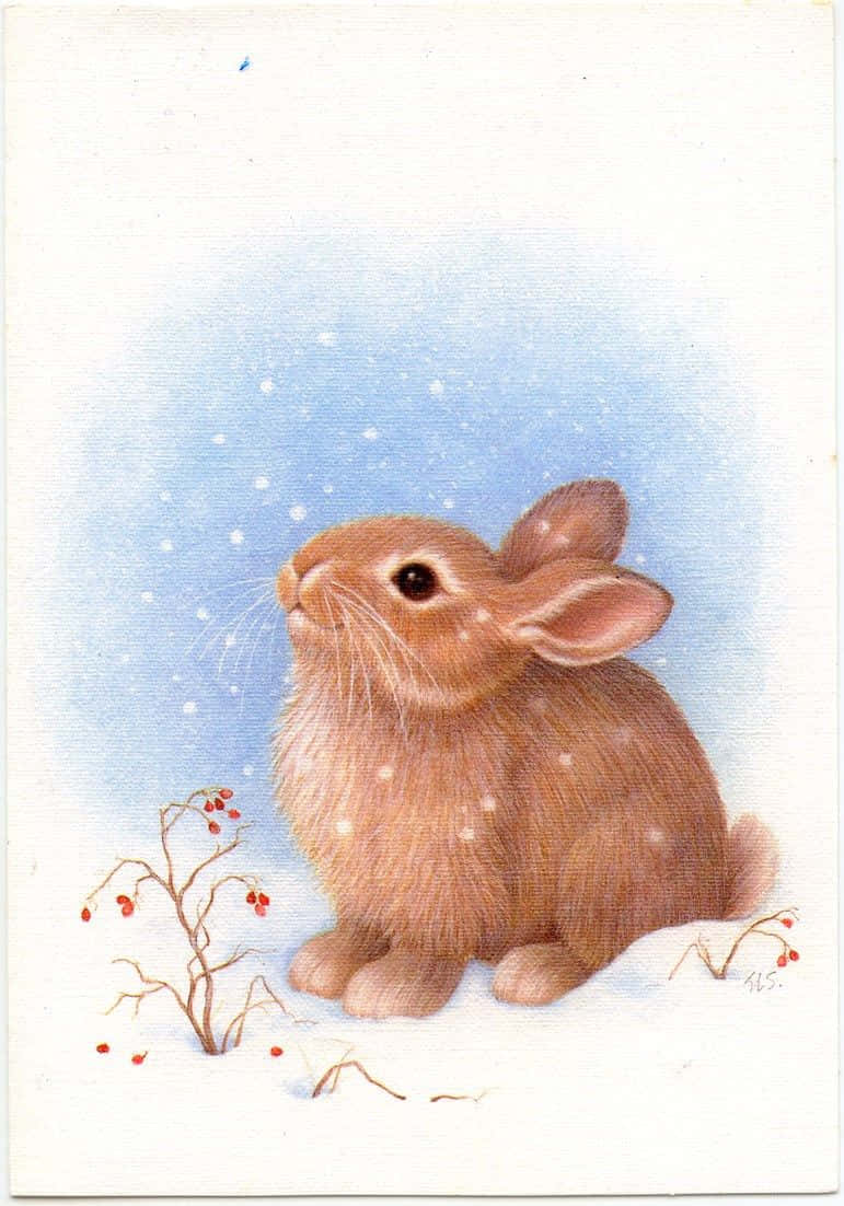 兔子 桌布 壁紙 — 一隻毛茸茸的棕色兔子坐在雪地裡，旁邊是漿果灌木，柔和的雪花在淡藍色的天空下飄落。