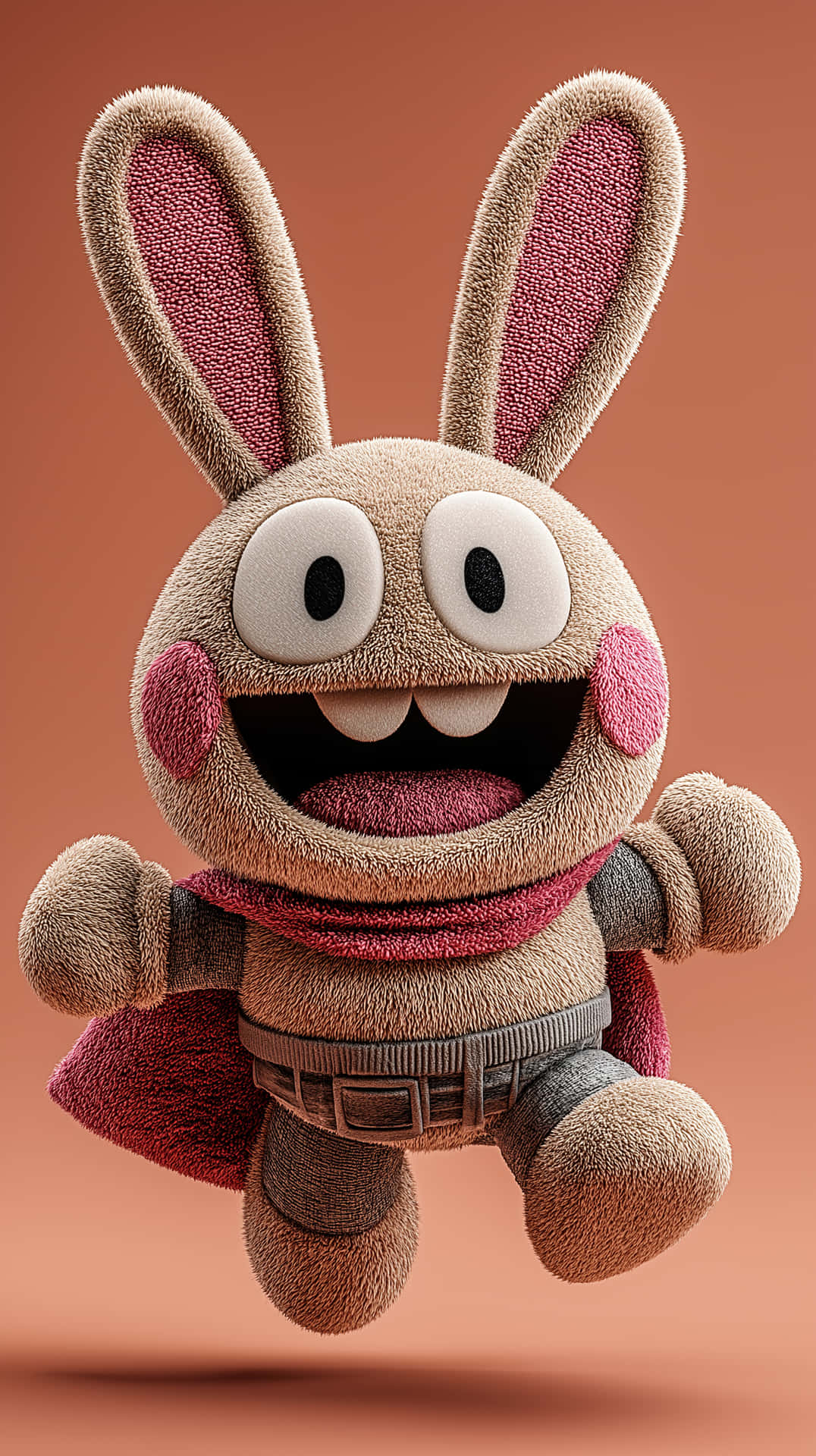 Happy Labubu Plush Toy with Big Smile and Scarf 壁紙 — 一隻毛茸茸的棕色兔子毛絨玩具，有粉紅色的內耳和臉頰，穿著紅色斗篷和腰帶，漂浮在溫暖的赤陶背景上。