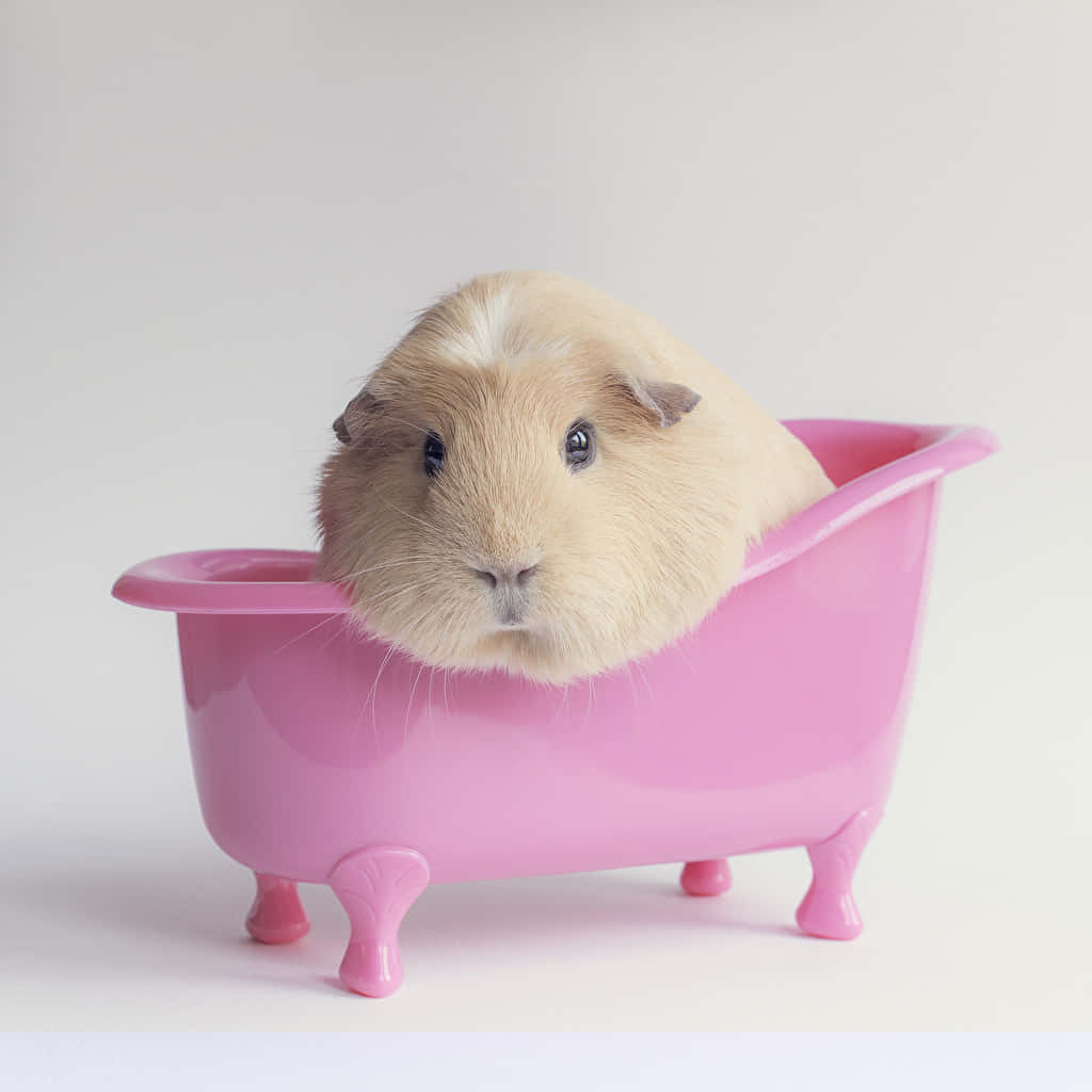 guinea pig 桌布 壁紙 — 一隻毛茸茸的棕色和白色天竺鼠，在純白色背景前，平靜地坐在一個粉紅色迷你浴缸裡。