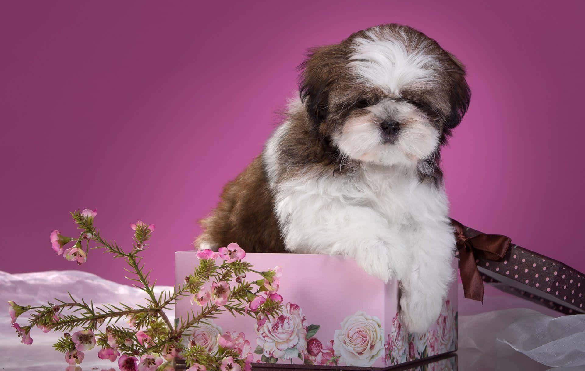 狗 桌布 壁紙 — 一隻毛茸茸的棕色和白色西施犬幼犬，在充滿活力的洋紅色背景上，從粉紅色花卉禮盒邊緣探出頭來。