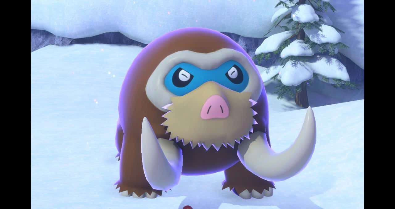 藝術 桌布 壁紙 — 一隻毛茸茸的棕色寶可夢，戴著藍色護目鏡和白色獠牙，站在雪景中，周圍是積雪的樹木。