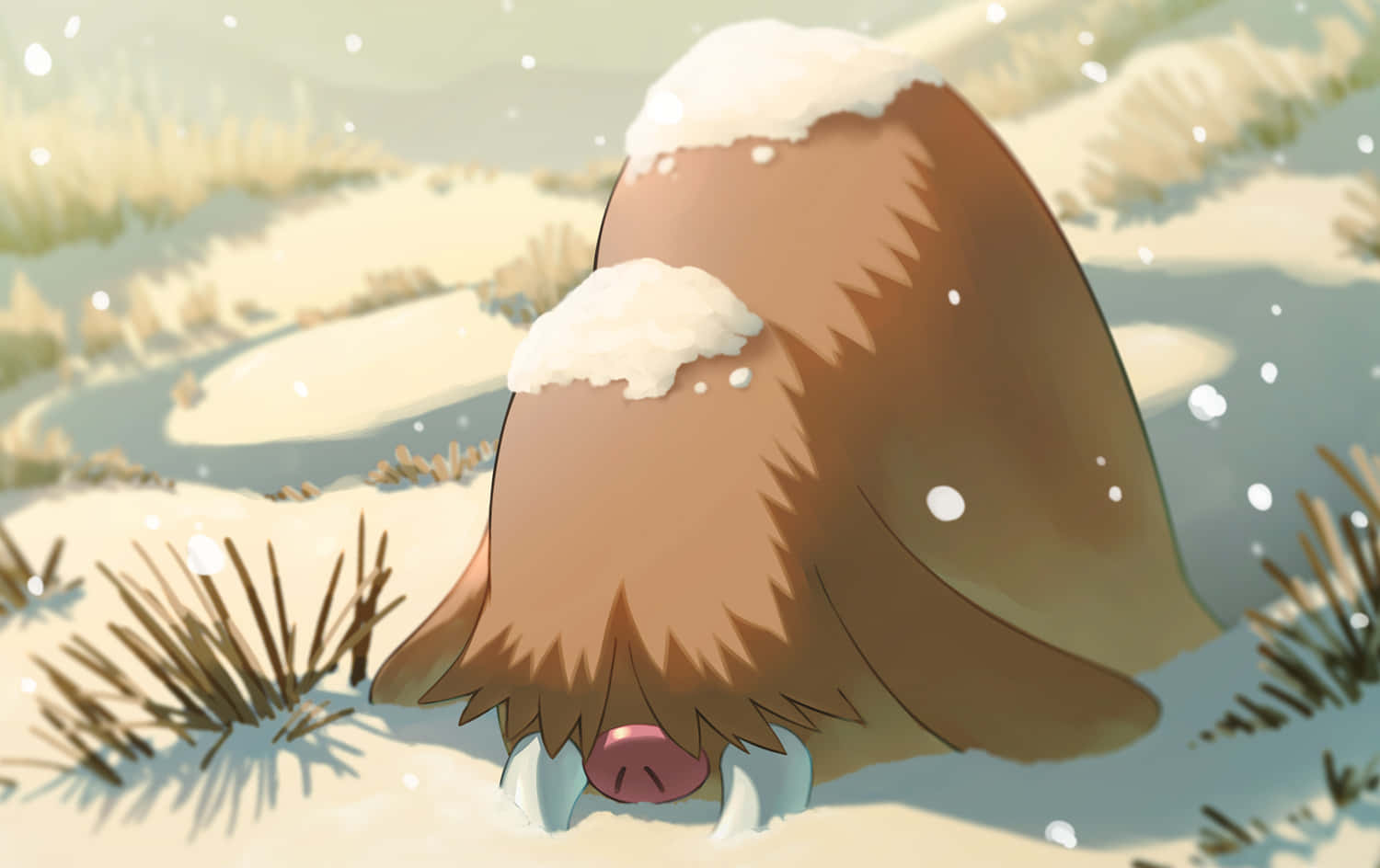 動漫 桌布 壁紙 — 一隻毛茸茸的棕色寶可夢，背上積雪，在柔和光線下的雪地中挖洞。
