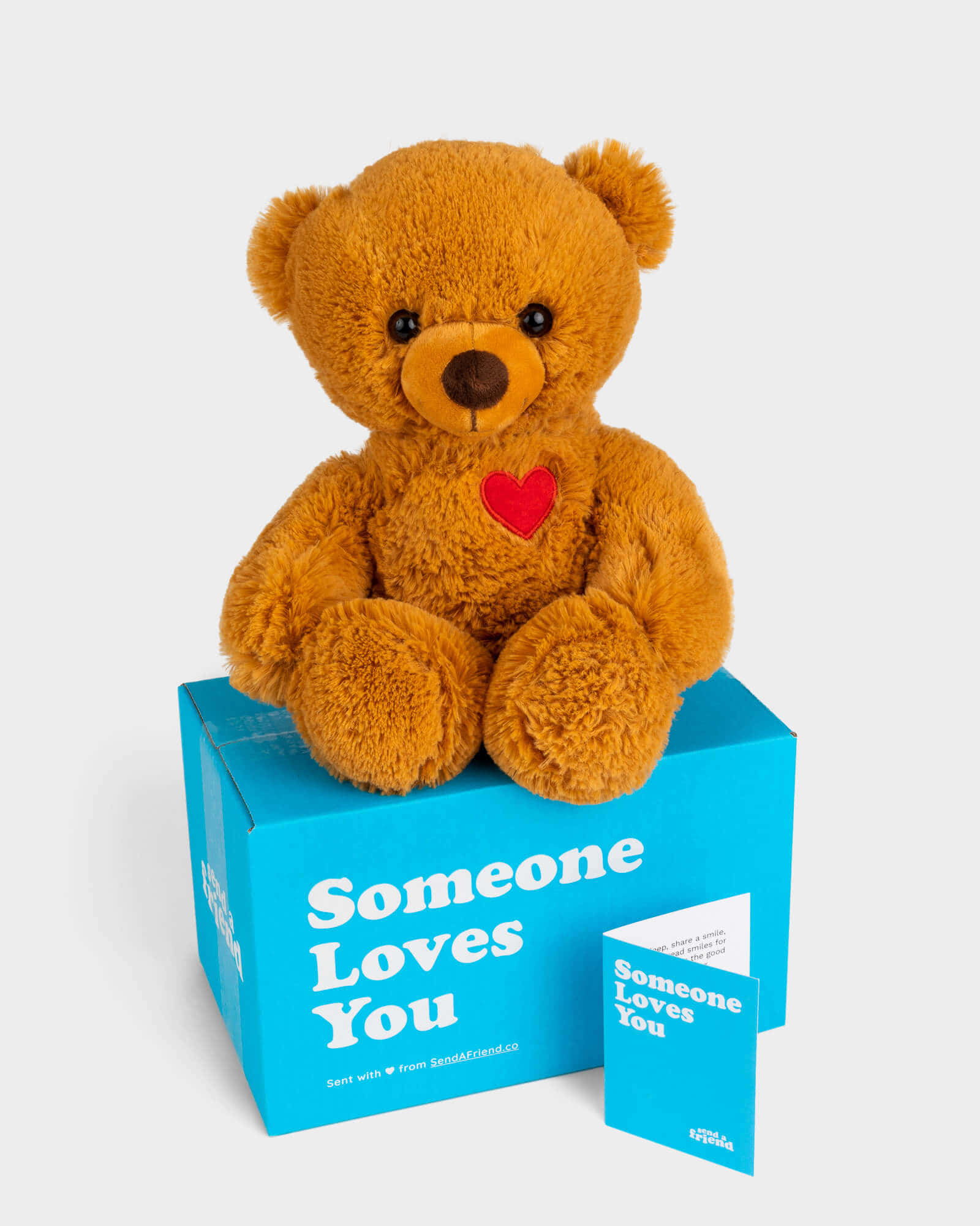 Teddy Bear 桌布 壁紙 — 一隻毛茸茸的棕色泰迪熊，帶著一顆紅心，坐在一個亮藍色的盒子上，盒子寫著「Someone Loves You」，背景是潔淨的白色。
