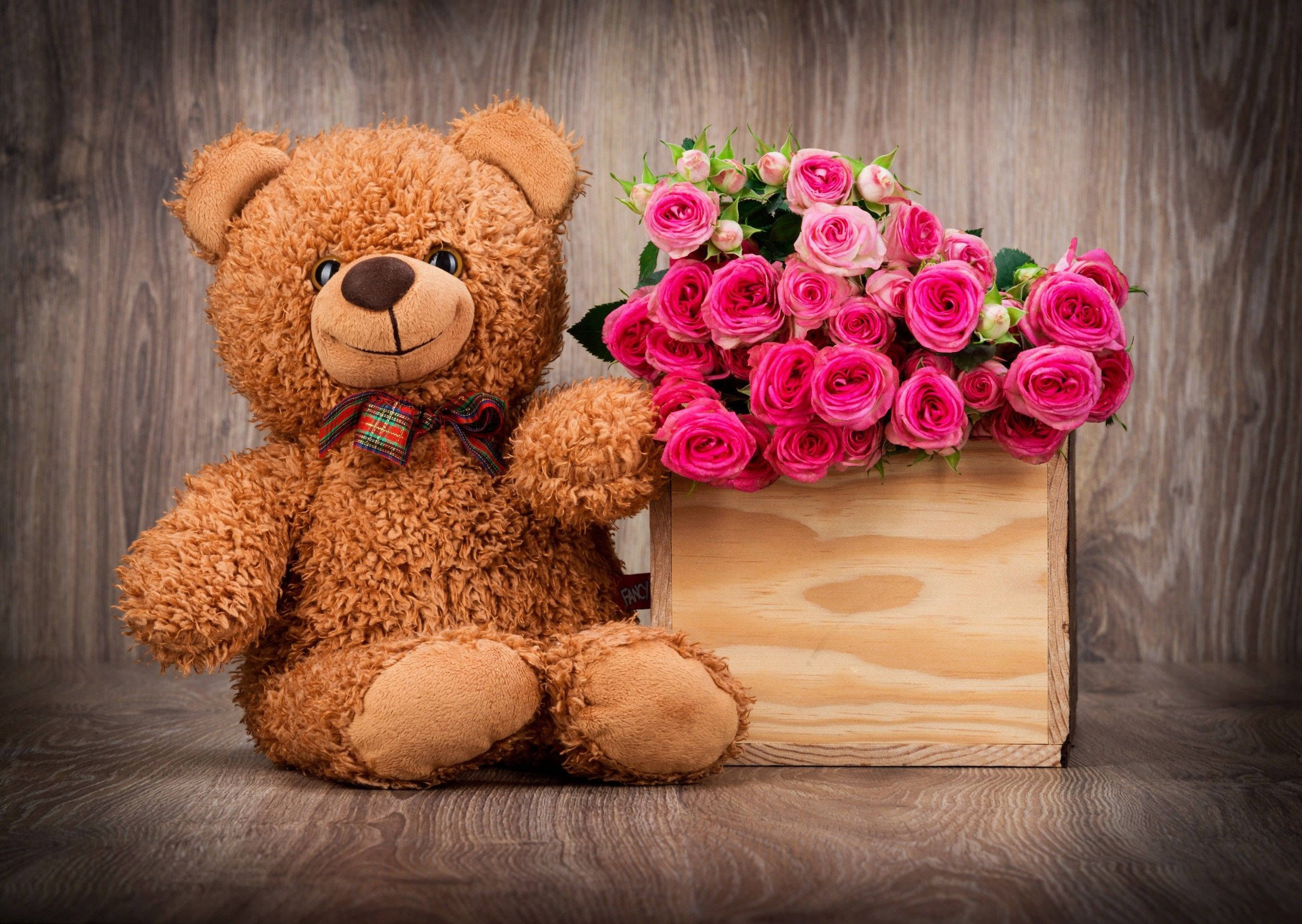 Teddy Bear 桌布 壁紙 — 一隻毛茸茸的棕色泰迪熊戴著格子蝴蝶結，坐在一個木箱旁邊，木箱裡裝滿了鮮豔的粉紅玫瑰，背景是質樸的木頭。