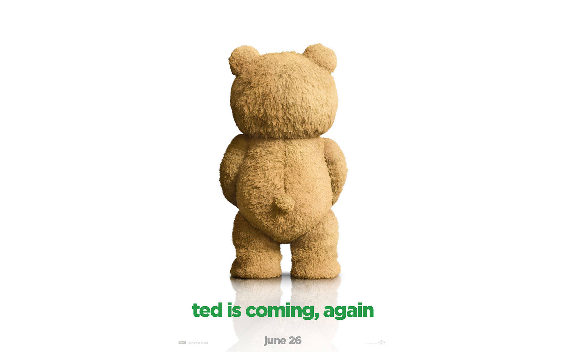 Ted 桌布 壁紙 — 一隻毛茸茸的棕色泰迪熊獨自站在反射的白色地板上，下面有綠色文字寫著 ted is coming again。
