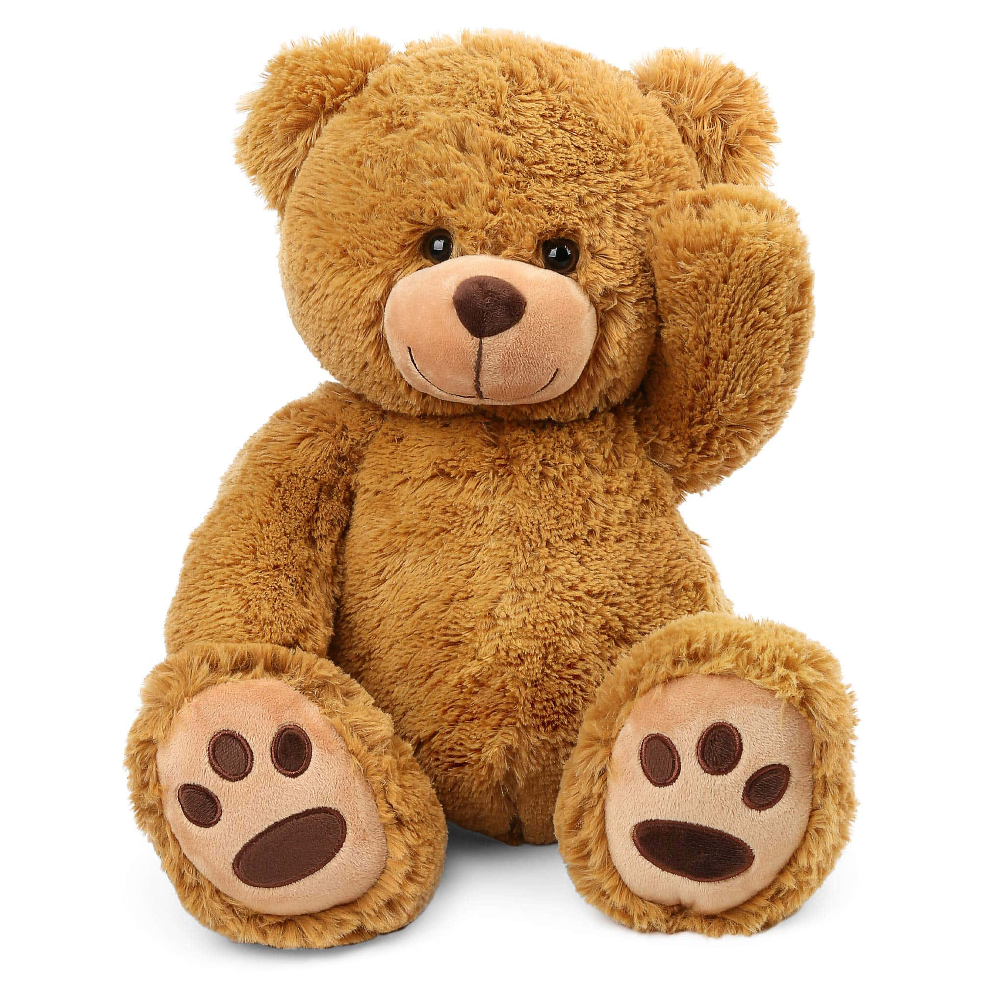 Teddy Bear 桌布 壁紙 — 一隻毛茸茸的棕色泰迪熊直立坐著，用一隻爪子揮手，擁有柔軟質感的毛髮和縫製的面部特徵。