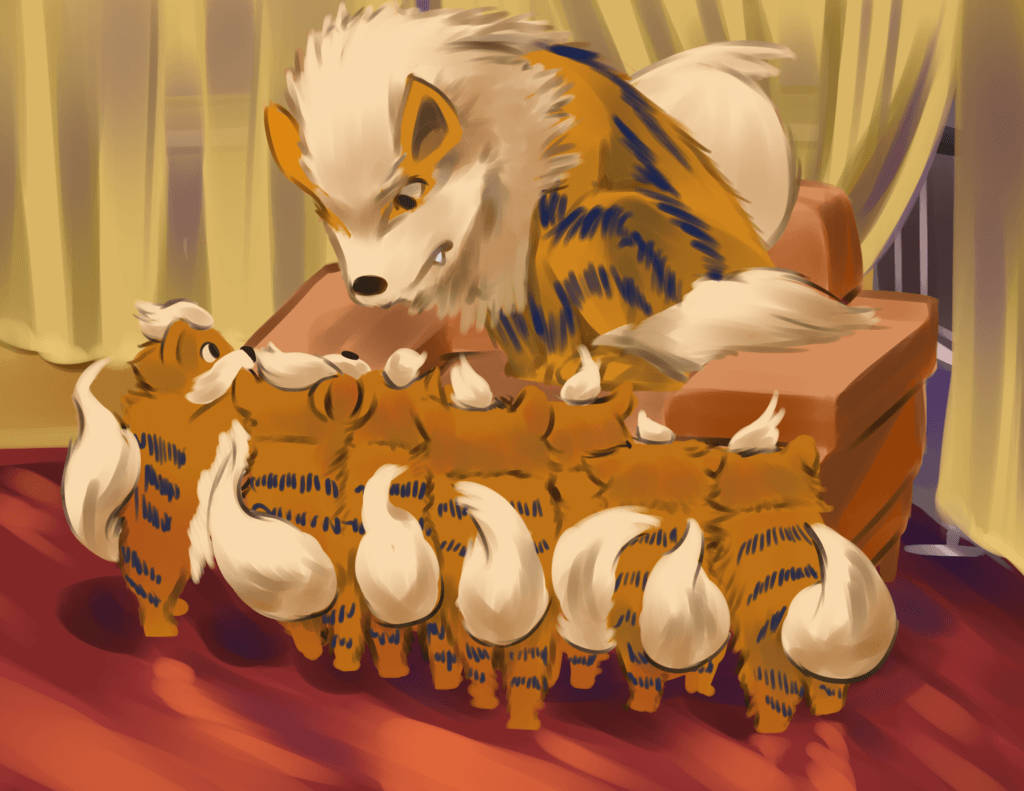 Arcanine 桌布 壁紙 — 一隻毛茸茸的橙白色狐狸媽媽坐在椅子上，被許多小狐狸包圍在一個溫暖照明的房間裡。
