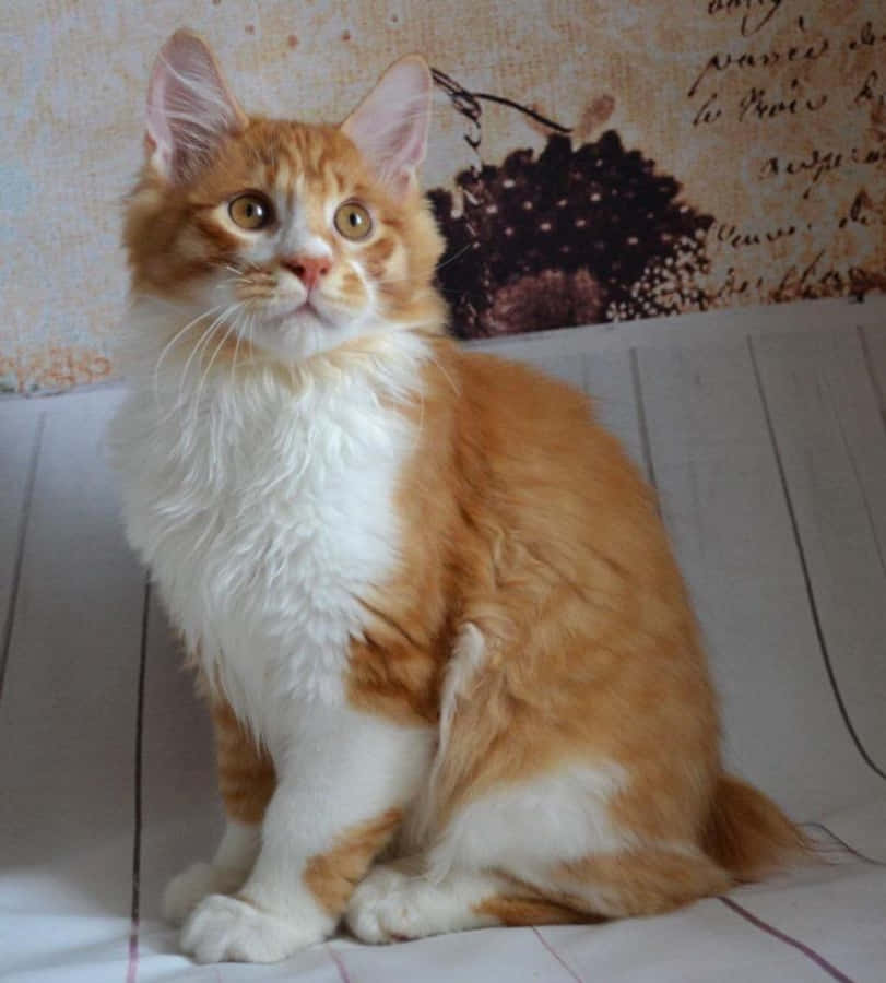 Kurilian Bobtail 桌布 壁紙 — 一隻毛茸茸的橙色和白色小貓警覺地坐在淺色木地板上，背景是復古字體壁紙。