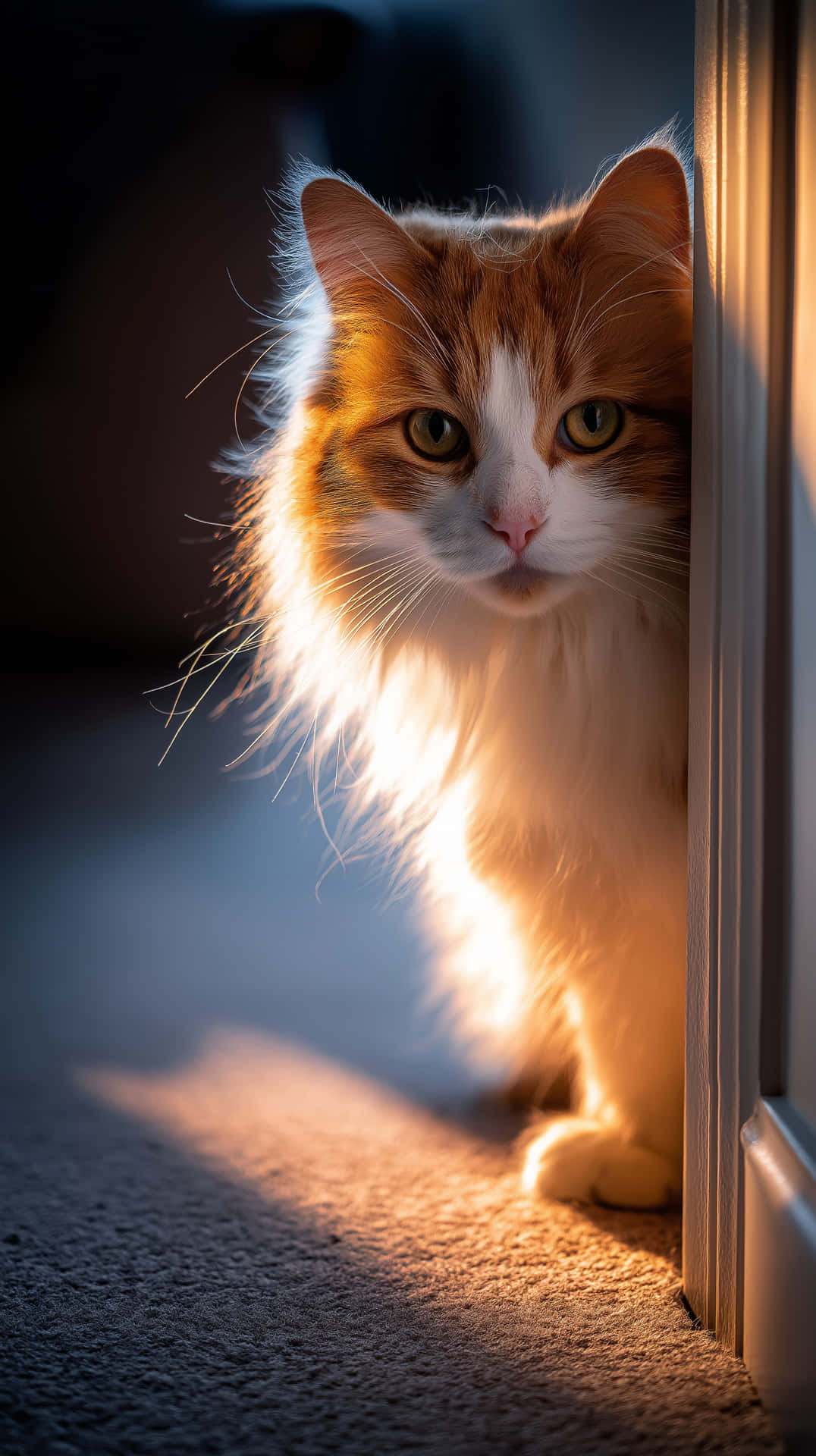 Intense Gaze of a Feline Companion in Warm Light 壁紙 — 一隻毛茸茸的橙色和白色貓咪好奇地從陽光照射的門口探出頭來，溫暖的金色光芒灑在牠的毛髮上。