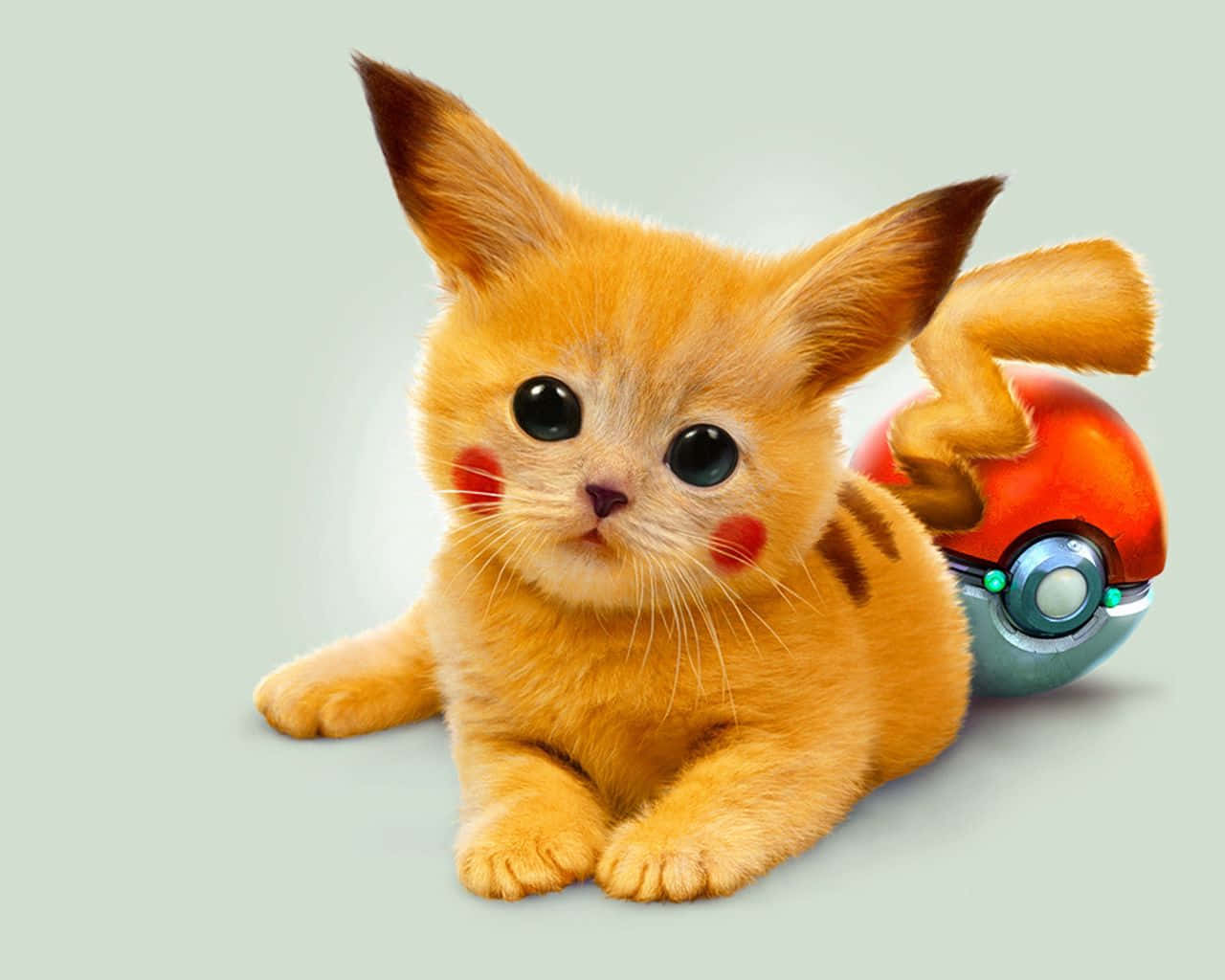 Pokemon Toys 桌布 壁紙 — 一隻毛茸茸的橙色小貓，擁有皮卡丘的耳朵和紅色臉頰，坐在柔和的薄荷色背景上，旁邊有一個寶可夢球。