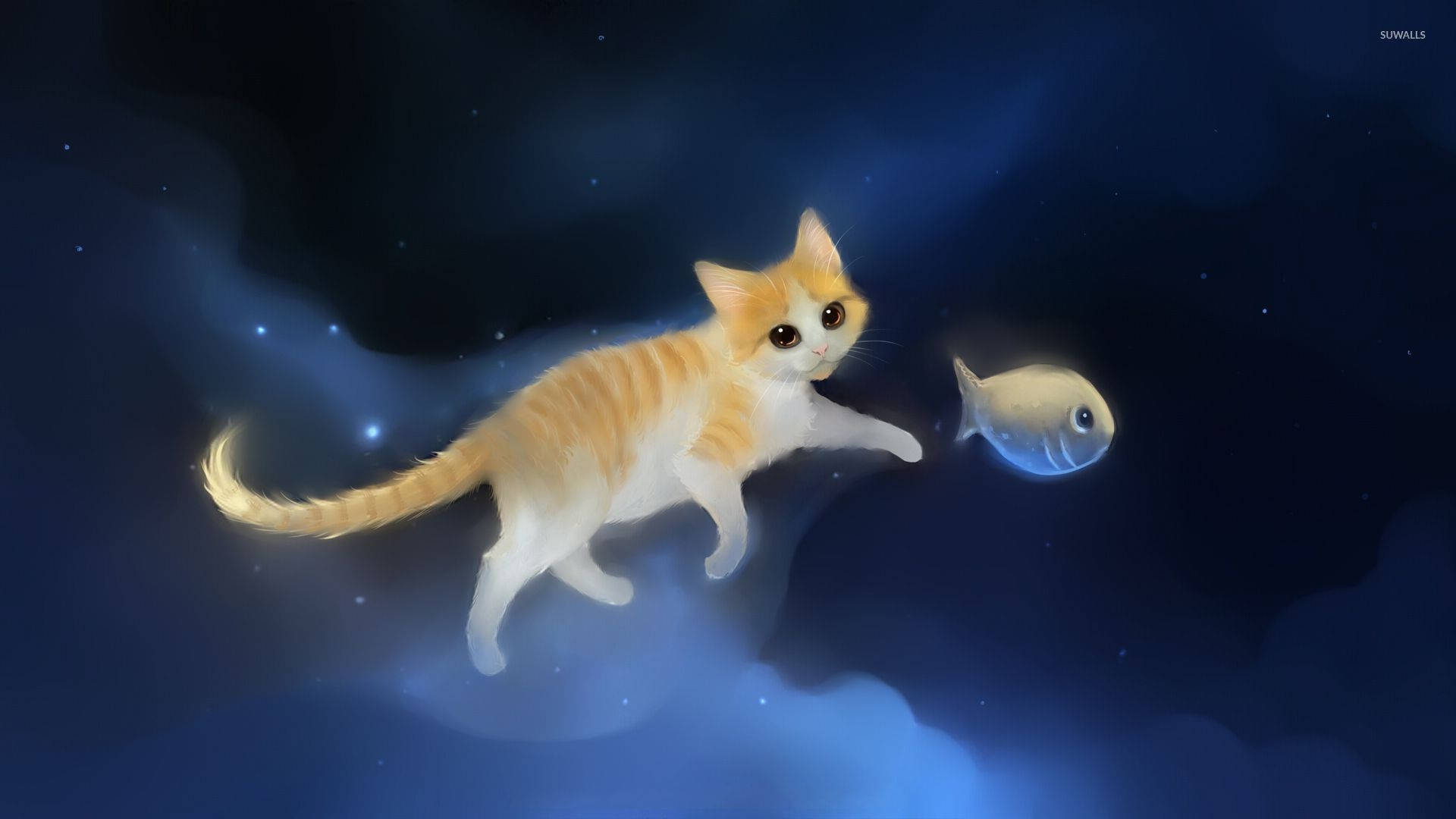 貓咪藝術 桌布 壁紙 — 一隻毛茸茸的橙色小貓漂浮在星空的宇宙虛空中，伸手去抓被星雲包圍的發光魚。