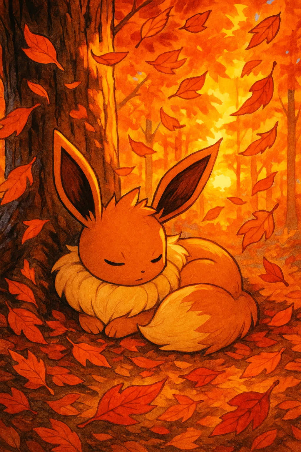 Eevee Wallpaper Pokemon 4K WEBP HD Download 壁紙 — 一隻毛茸茸的橙色狐狸狀生物在溫暖的森林光芒中，在飄落的秋葉間安然入睡。