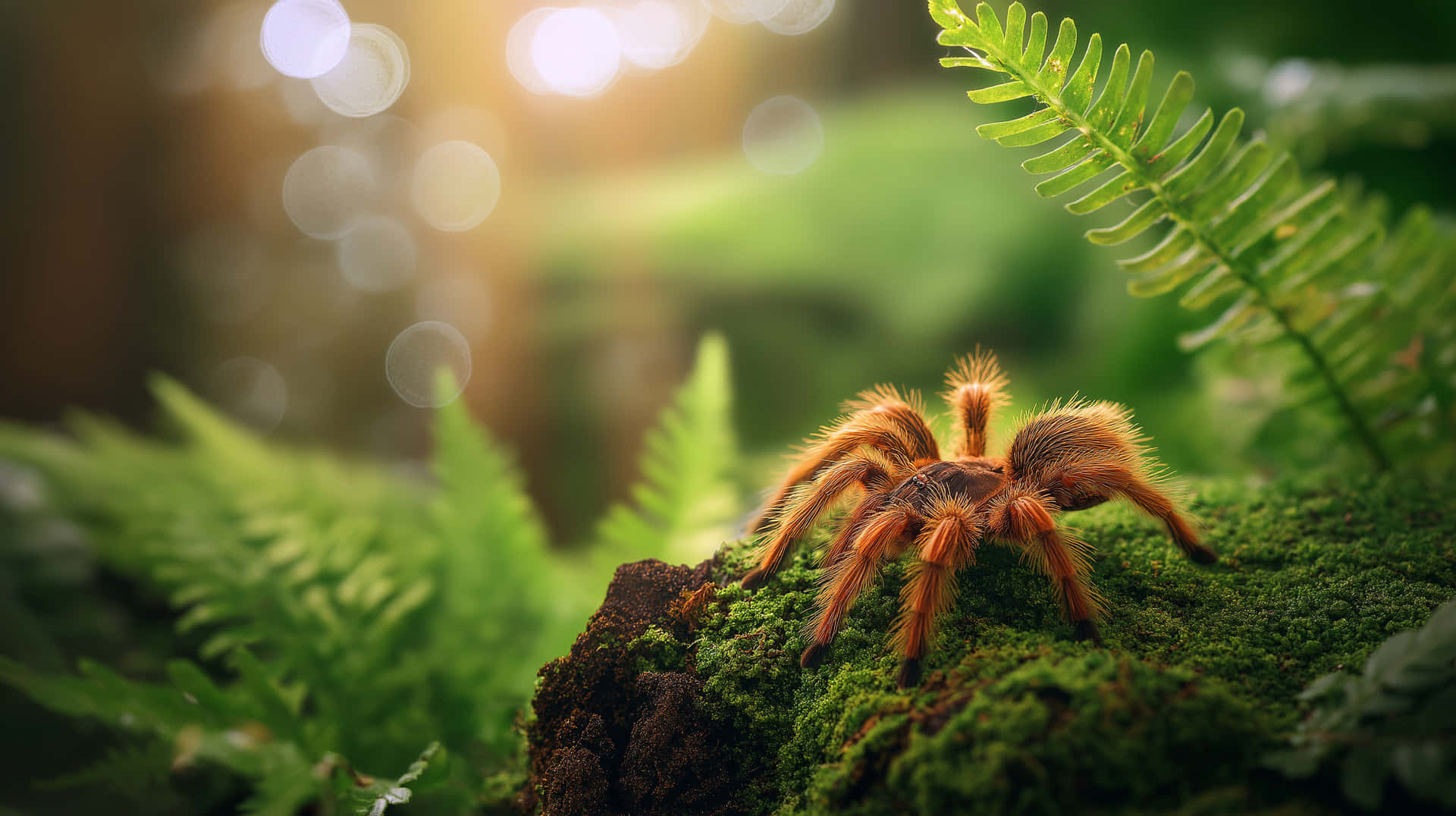 Vibrant Tarantula on Moss in a Lush Jungle Setting 壁紙 — 一隻毛茸茸的橙色狼蛛棲息在長滿苔蘚的木頭上，周圍是鮮綠的蕨類植物，沐浴在柔和的金色陽光下。