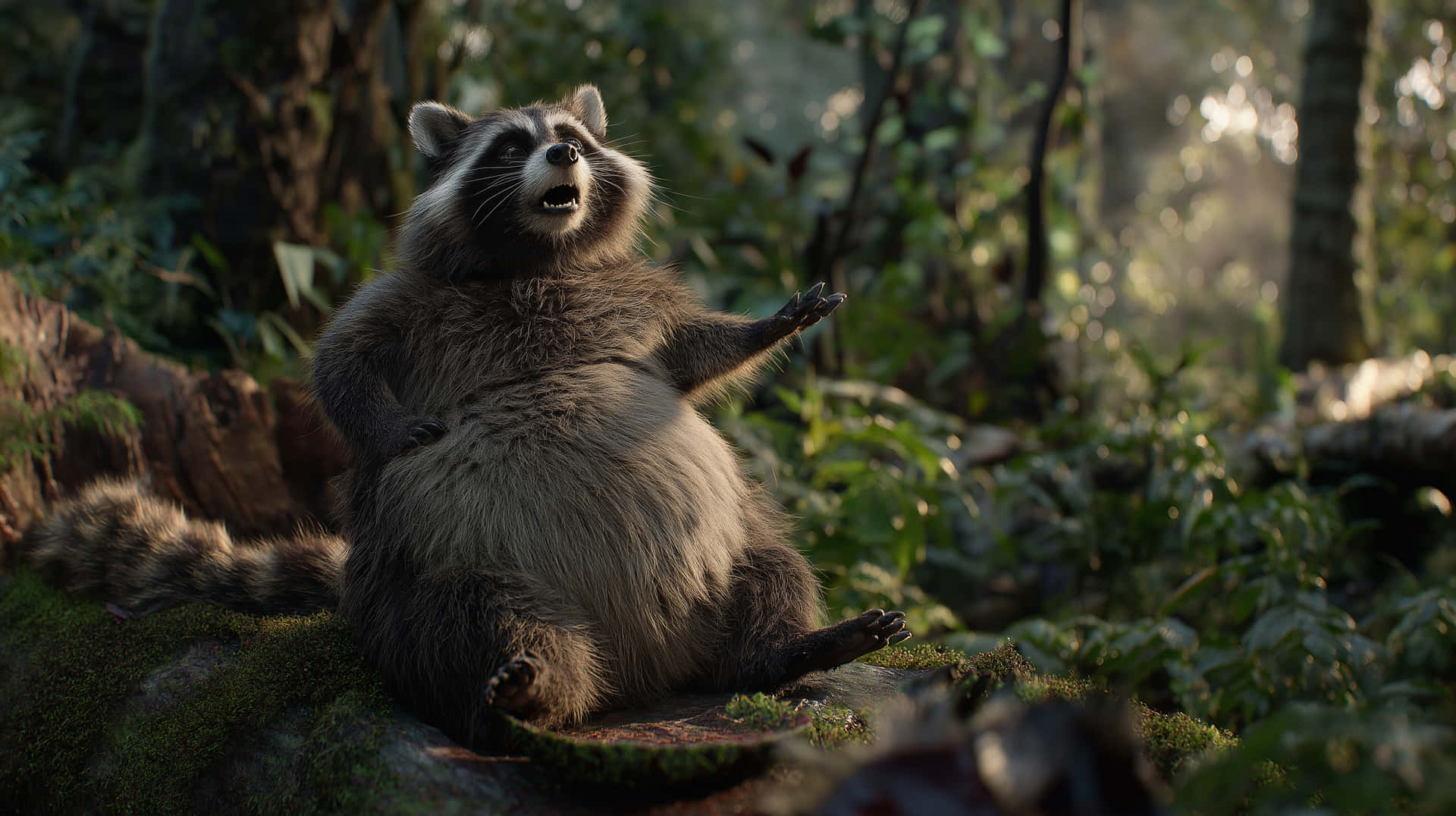 Expressive Raccoon in a Lush Forest Environment 壁紙 — 一隻毛茸茸的浣熊直立在陽光普照的森林中長滿苔蘚的木頭上，一隻爪子舉起，好像在愉快地做手勢。